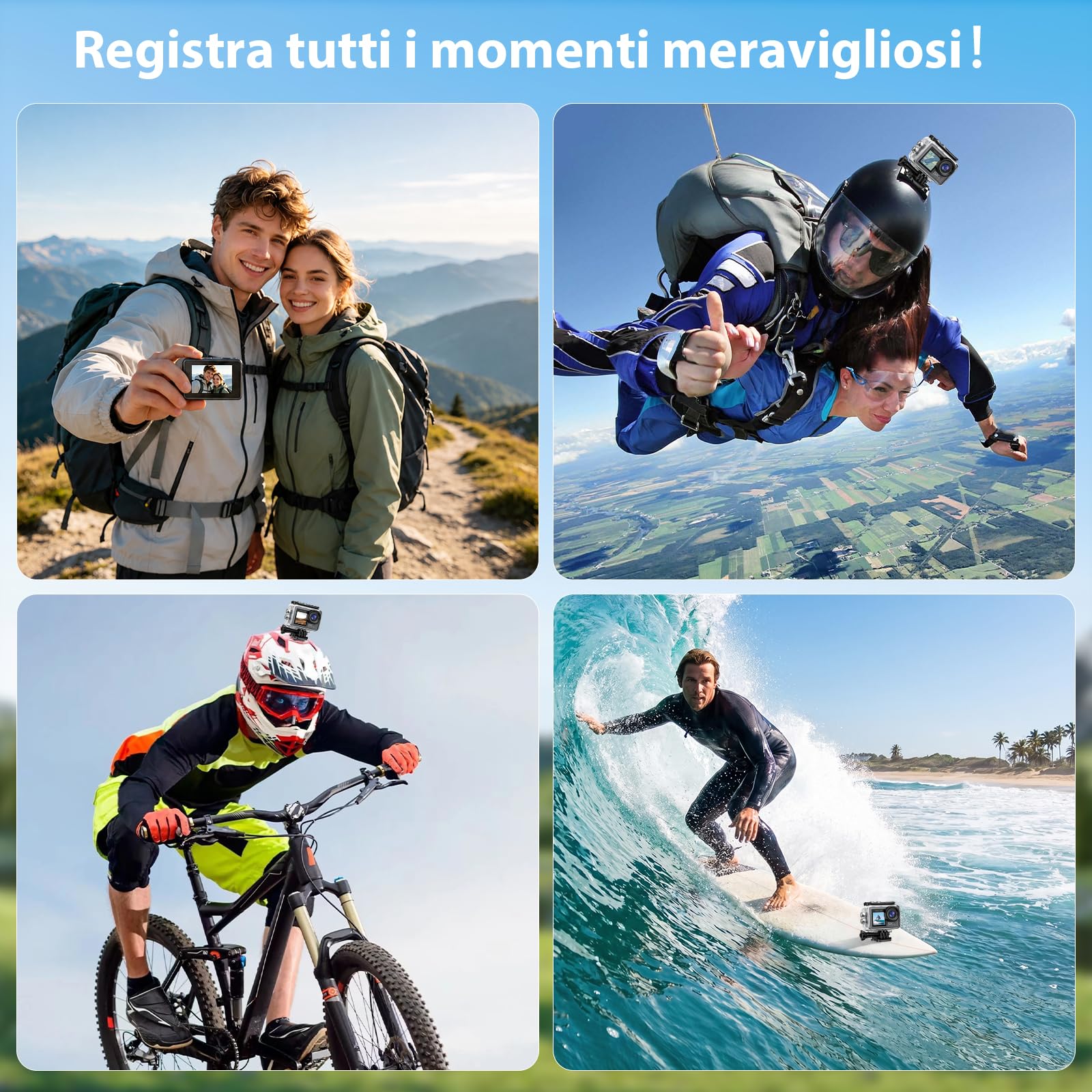 Action Cam 5K/4K 60FPS, 50MP Fotocamera Subacquea Impermeabile 30M, Action Camera con Scheda SD 64GB, EIS, Doppio Schermo, WiFi, Grandangolo 170°, Telecamera per Moto, Bicicletta, Vlog | 5 K 30 FPS / 4 K 60 FPS, foto 50 MP, telecomando incluso