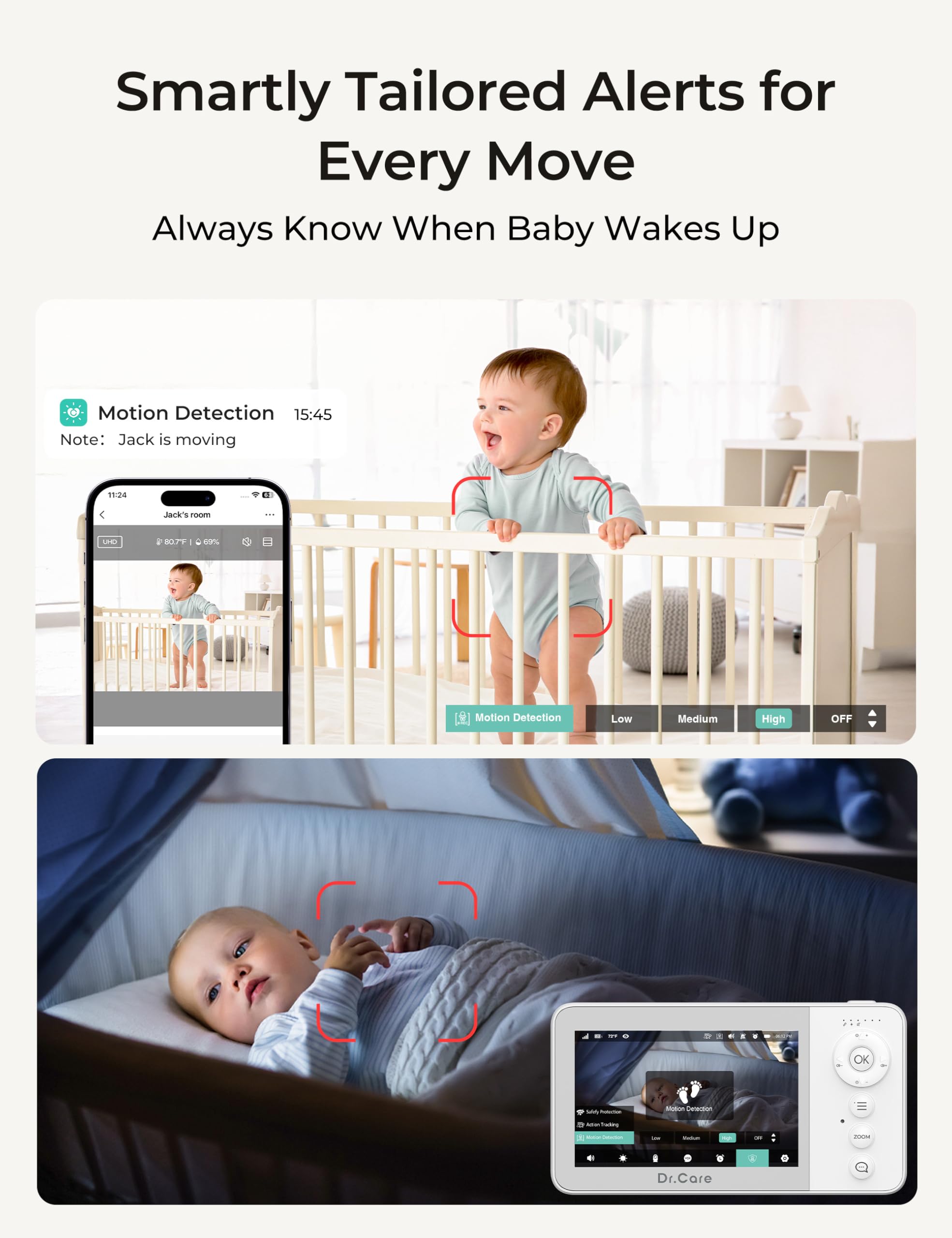 Dr.Care VistaView Lite Smart WiFi Babyphone - 2 telecamere, 4" 720P split-screen, controllo app 1080P, rilevamento del movimento (Baby Monitor con 1 Telecamera + 1 Supporto da Parete)
