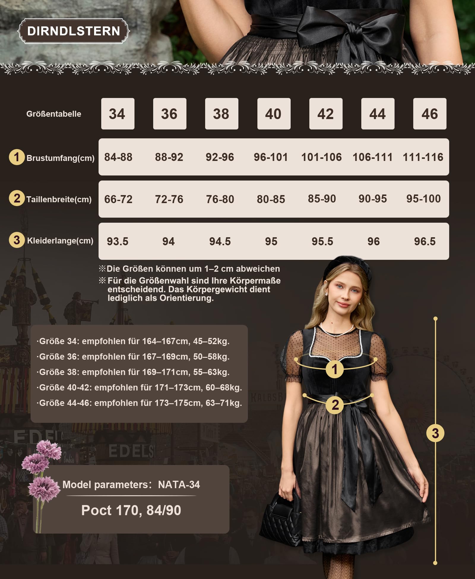 DIRNDLSTERN Trachtenkleid Damen Schwarz - Samt Midi Oktoberfest Outfit Dirndlkleid mit Jacquard 2026
