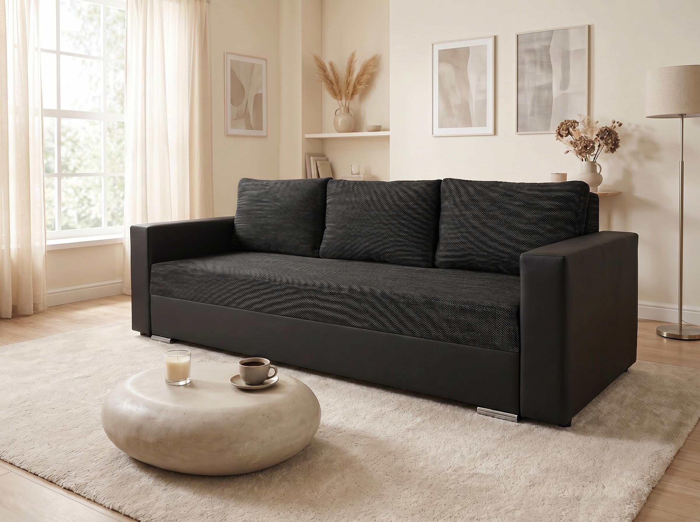 Sofnet - Schlafsofa Bird mit Bettkasten und Chromfüßen (D08 + Berlin 02) | Sofa mit Schlaffunktion, Klappsofa, Schlafcouch, Kunstleder, Strukturstoff, große Schlaffläche, modernes Design