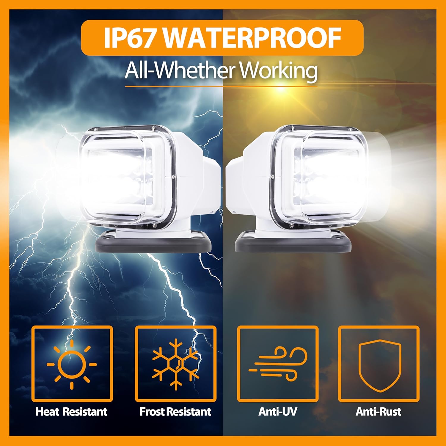 LED Search Light, Remote Control LED Spotlight Searchlight for Truck Heavy-Duty Bright 360 Rotating & 5 Magnets Built-in for Marine Boat Spotlight, White