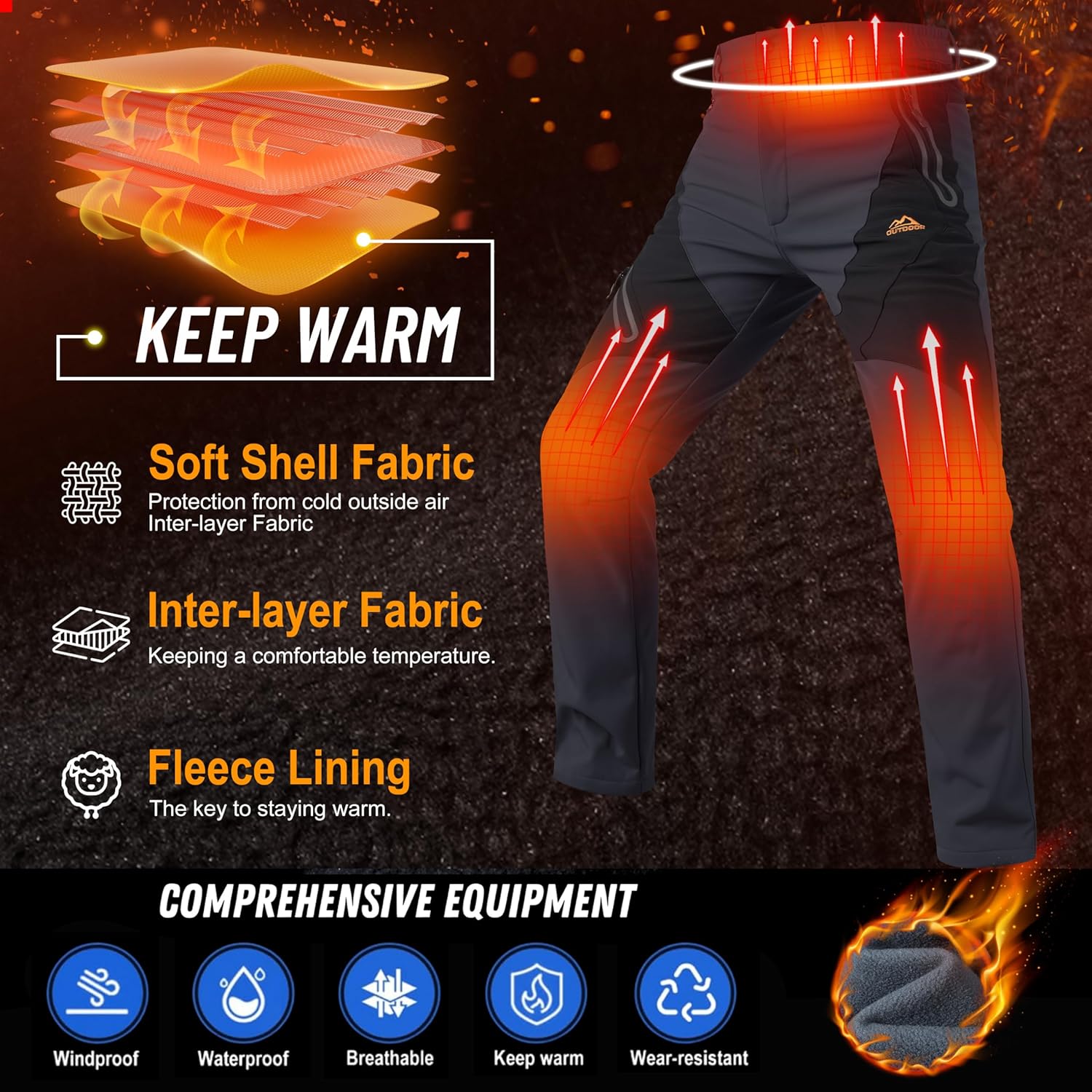 TACVASEN Men's Skiing Snow Pants Fleece Lined Waterproof Winter Insulated Hiking Pant for Outdoor Work Hunting Cargo - Image 4