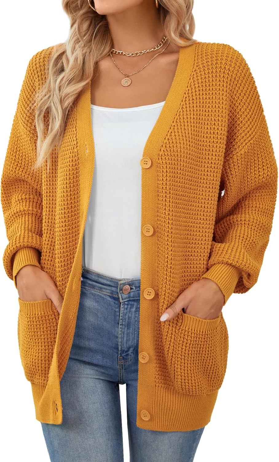 QUALFORT Cardigan Sweaters for Women 100% Cotton Button-Down Oversized Knit Cardigans with Pockets for Fall Winter Trendy