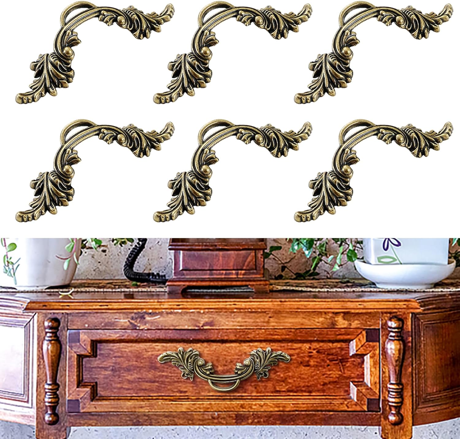 6 Pack Retro Deluxe Antique Bronze Metal European Design Knobs 2-1/2 Inch Vintage Curved Handles Pulls for Dresser Drawer Kitchen Cupboard Bathroom Cabinet Closet