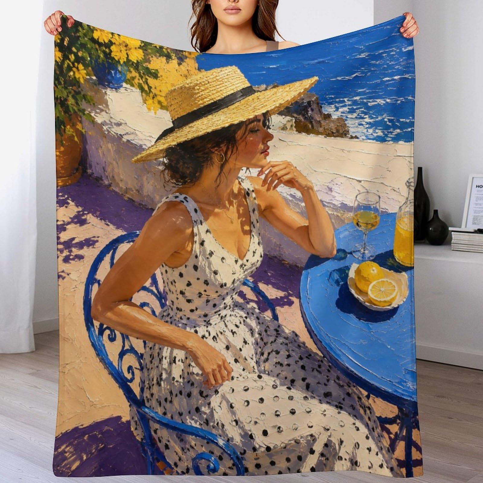 Donna Terrazza Mediterranea Coperta Tessile Morbido per Divano e Camera | Plaid Leggero da Letto con Relax costiero, per ufficio, divano e relax tranquillo, 150x200cm(60x80in)