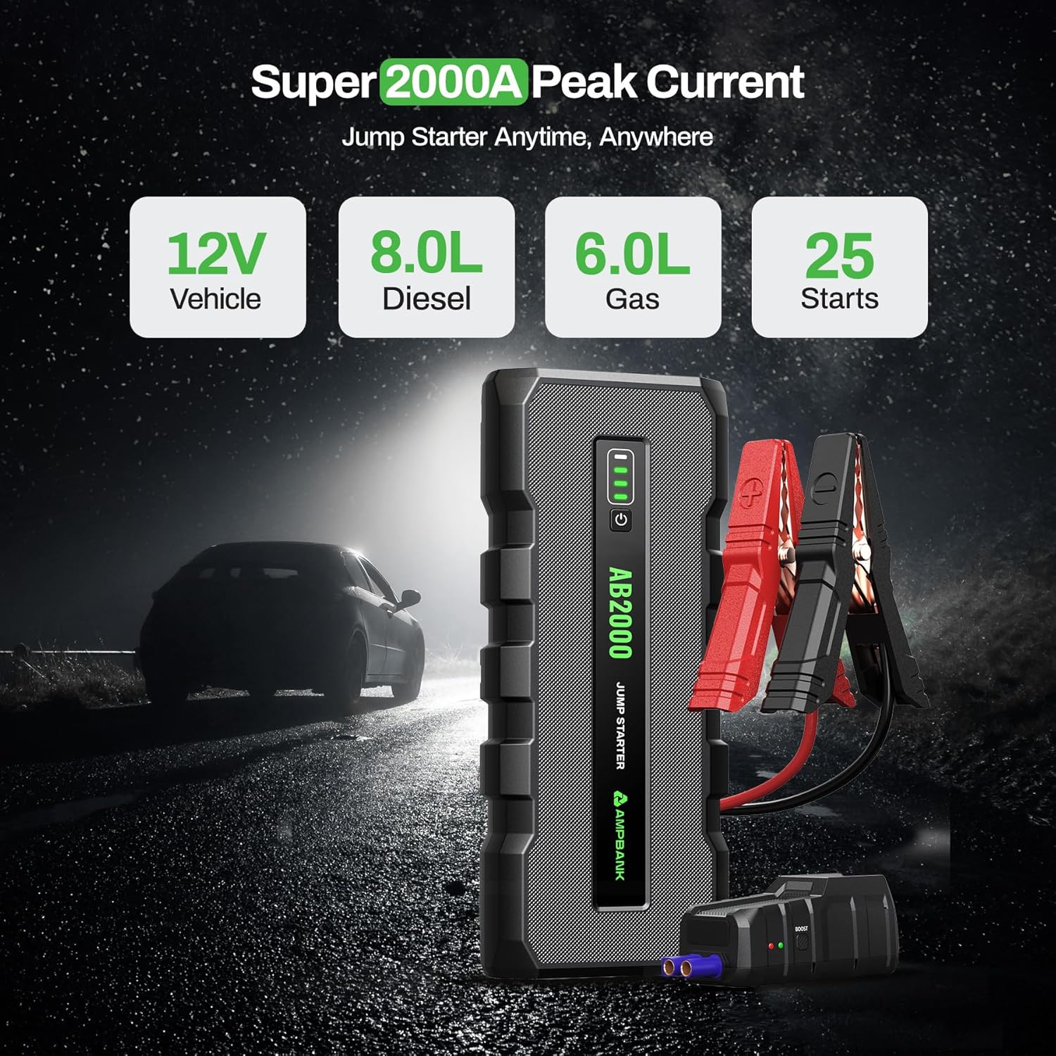 AMPBANK AB2000 Jump Starter showing its various ports and LED flashlight.