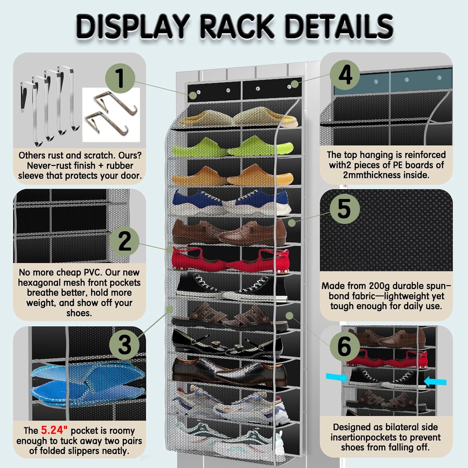 Kotkn Over The Door Shoe Organizer with 12 Large Breathable Pockets - Durable Hanging Storage for the Entire Family's Shoes (Black)