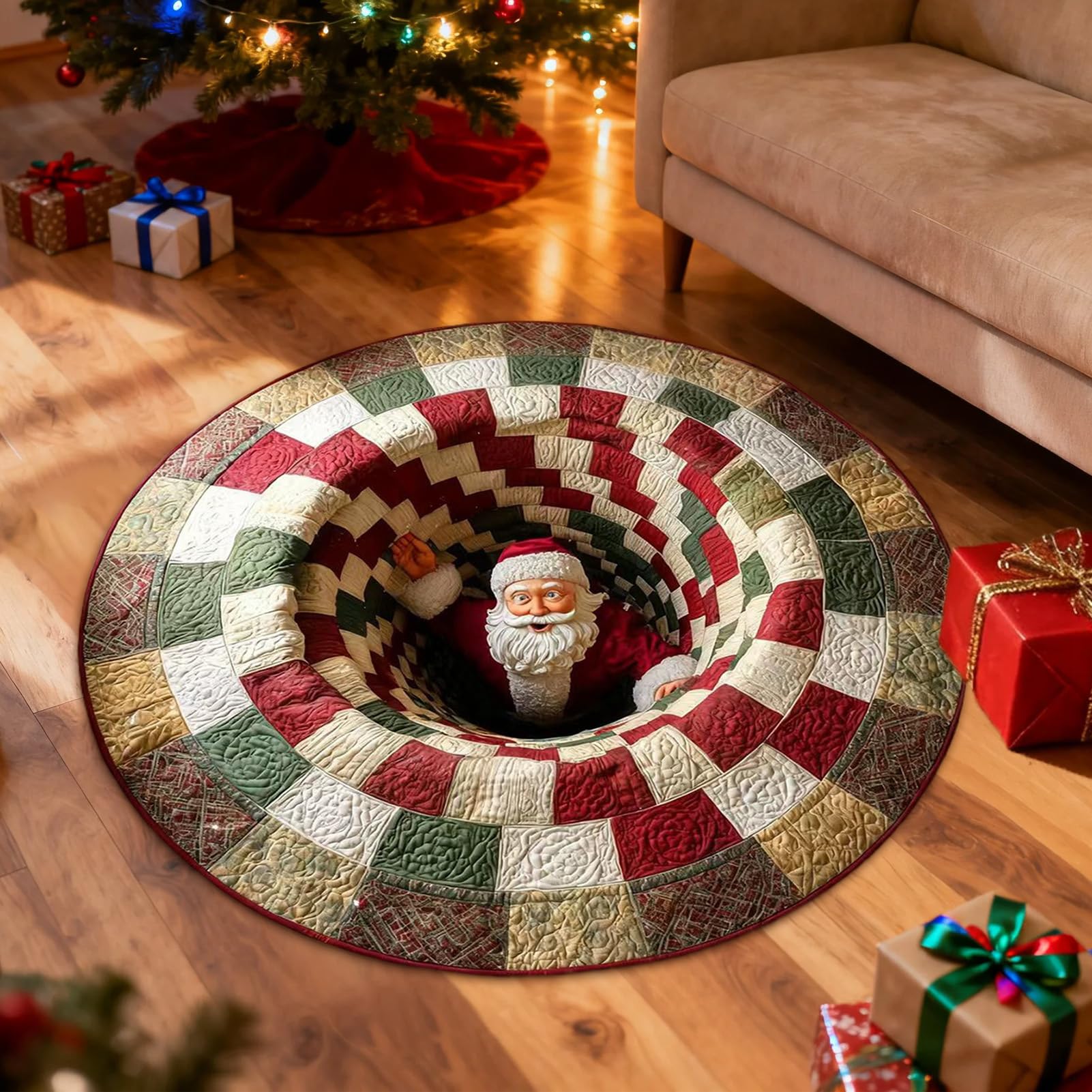 Weihnachts-Fußmatte – 3D-Illusion, Rund, Rutschfest, Polyester, Durchmesser 80/100/120 Cm, Für Wohnzimmer, Eingang, Bad