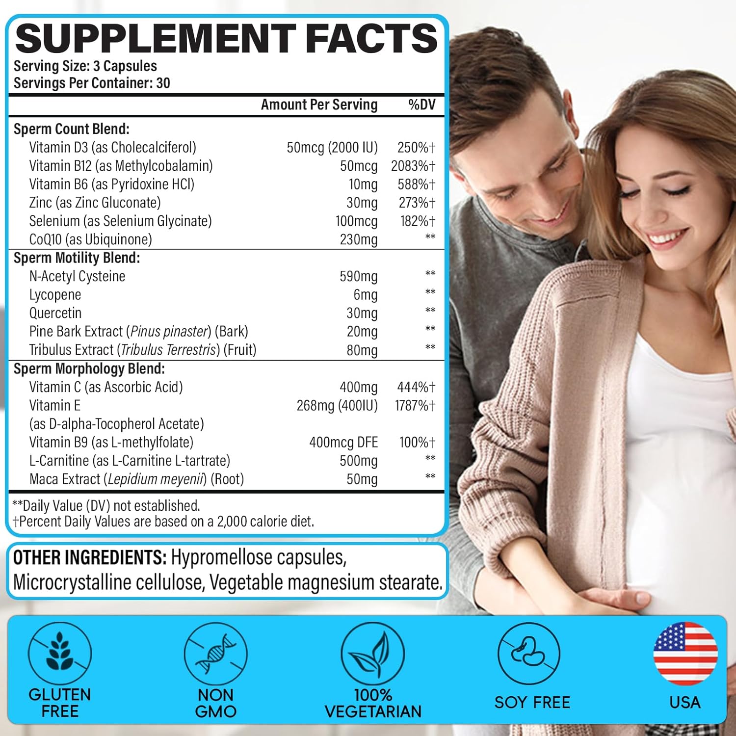 Male Fertility Supplements, Advanced Fertility Supplement for Men Optimal Sperm Count Motility & T-Level with Maca Root, Tribulus Terrestris, Zinc, CoQ10, Pre Conception for Him, 90 Caps - Image 2