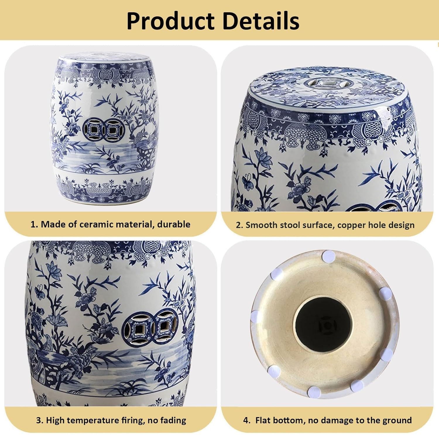 Drum Stool,Garden Stool, Decorative Ceramic Garden Stool, Glazed Hollow Floral Celadon Shoe-Changing Stool Drum Stool, Suitable for Outdoor Garden, Living Room, Terrace, Etc.