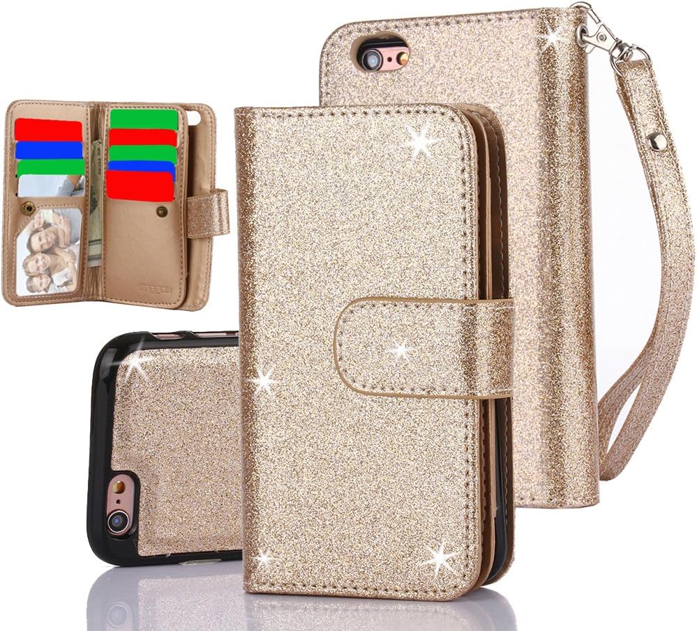 TabPow iPhone 6S Case, iPhone 6 Case, 10 Card Slot - [ID Slot] Wallet Folio PU Leather Case Cover with Detachable Magnetic Hard Case for iPhone 6S/6 (4.7 Inch) - Glitter Gold