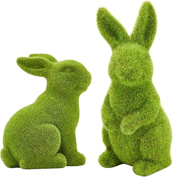 Decorative Decorations for Easter Bunny Gifts, Moss Green Flocking Sculpture, Garden Courtyard Family Gathering Celebration Decorations Large 2PCS Standing+Sitting