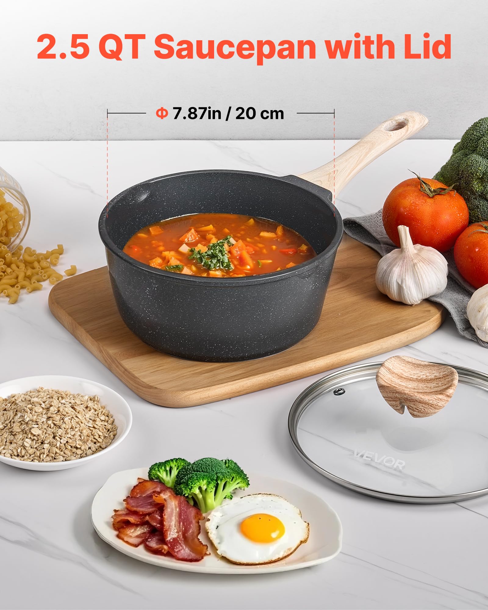 VEVOR Pentola Antiaderente, Grande Capacità 2,37 L con Coperchio in Vetro Temperato, Pentola per Zuppa e Verdure con Manico Rimovibile, per Latte e Verdure in Lega di Alluminio, Nera