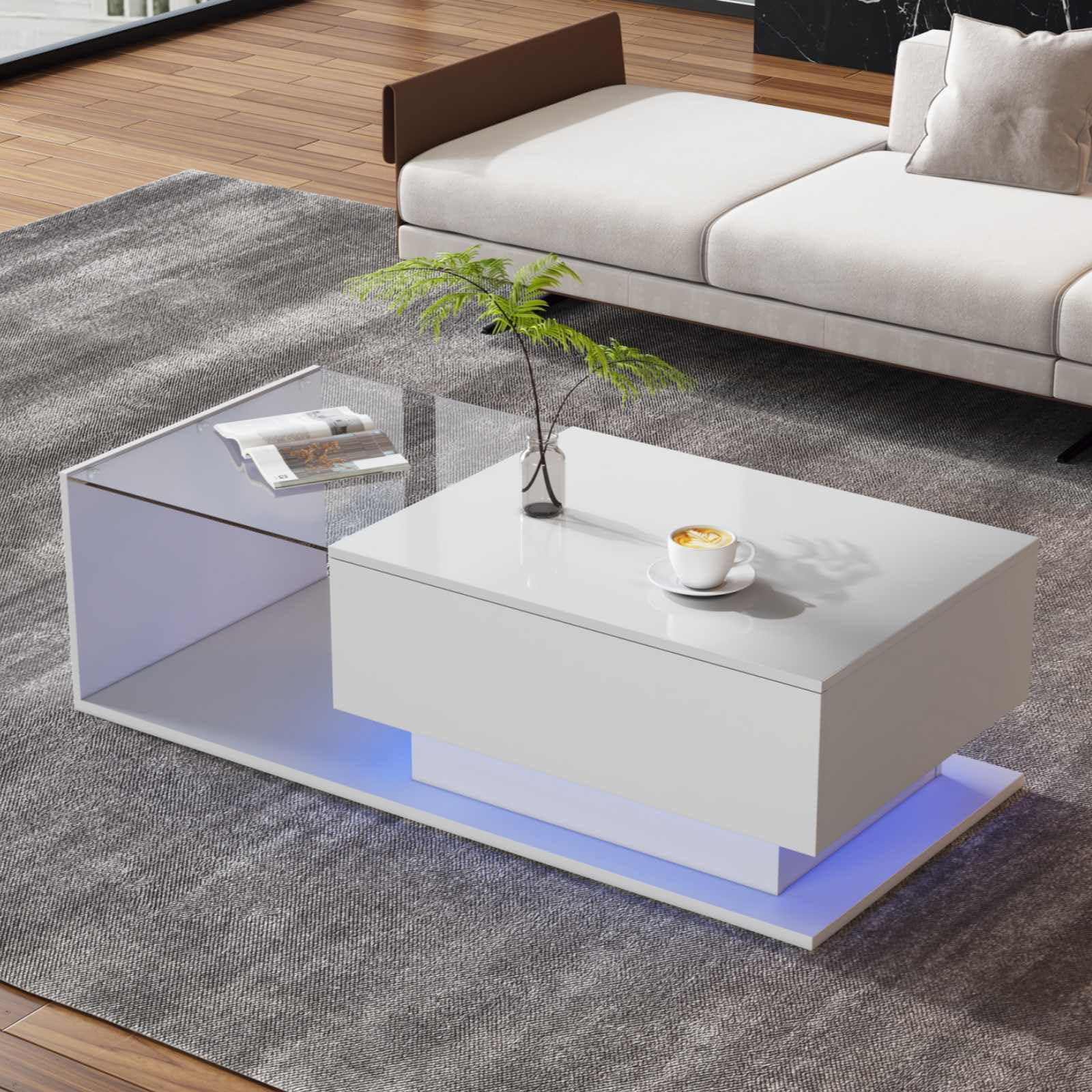 KOMHTOM Tavolino salotto bianco con piano in vetro Tavolino basso da salotto, tavolino da caffè a LED con cassetto Tavolino moderno Mobili da soggiorno (bianco)