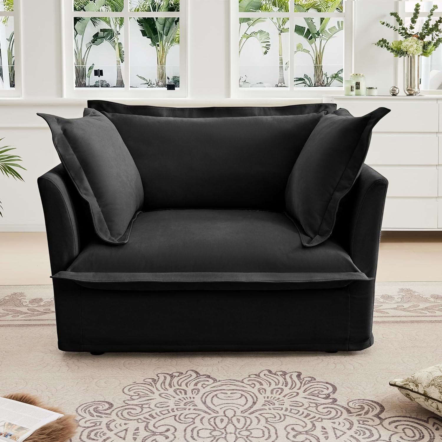 Chenille Oversized Accent Chair, 49” W Big Comfy Cloud Chair, Cozy Lounge Armchair for Living Room, Bedroom, Family Room, Reading Nook, Cover Removable, Black