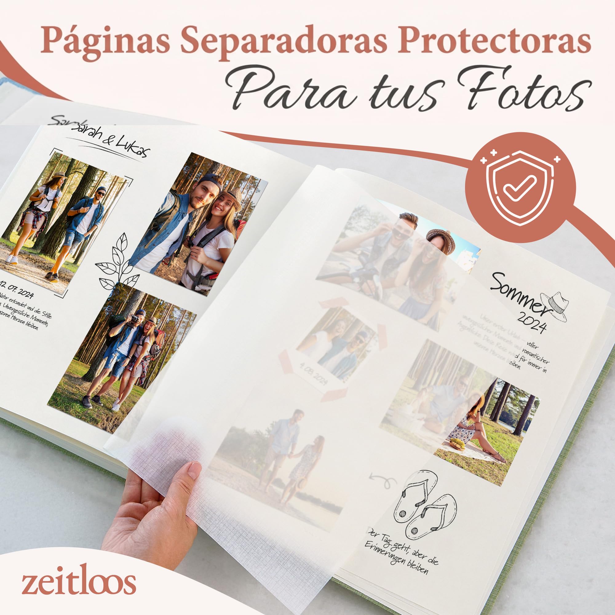 ZEITLOOS® Álbum de fotos para pegar y escribir - lino - 600 fotos Verde | Precioso diseño con hojas protectoras - álbum de fotos 10x15 para rellenar 31x32cm - 100 páginas - boda y regalo