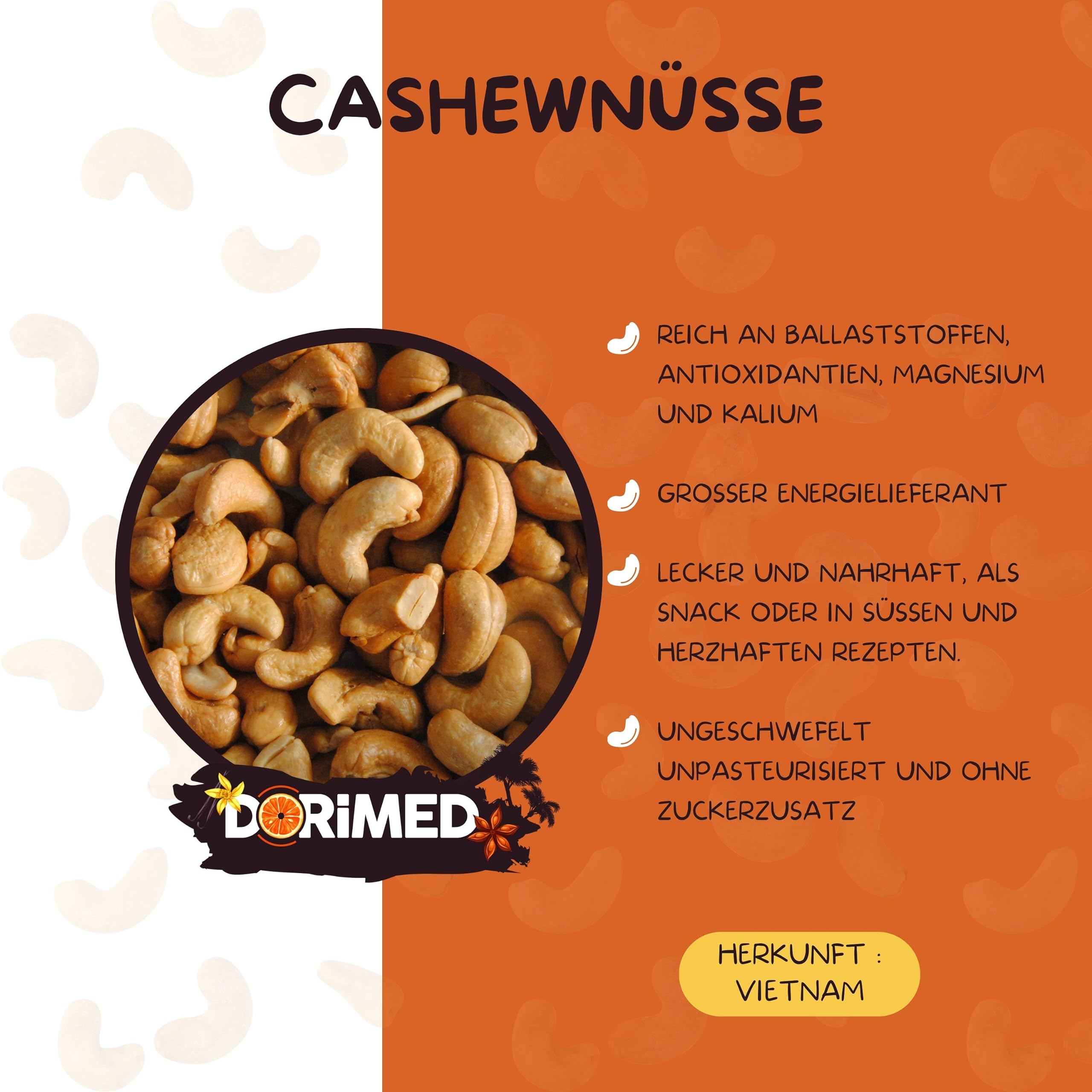 Cashewnüsse geröstet ungesalzen | 1 Kg Cashewkerne von 100% natürlicher Herkunft | gentechnikfrei | geeignet für vegan und vegetarische Ernährung | in wiederverschließbarem Beutel | Dorimed