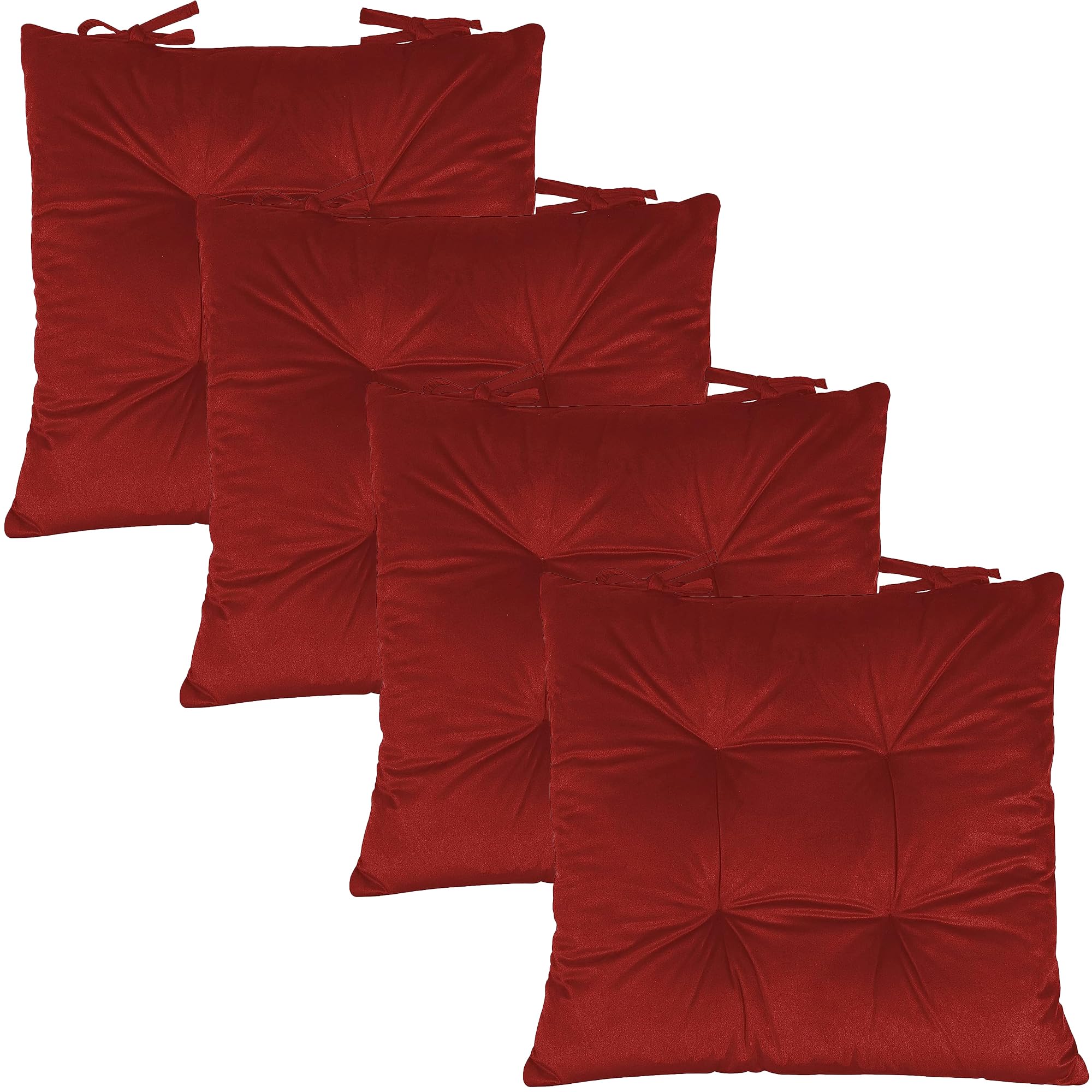 Linens World (Pack of 8 Red/Maroon Velvet Seat Pad for Armchairs 40x40 with Ties Thick Armchair Pad Luxury Sofa Seat Pads Firm Support Floor Cushions-Soft Velvet Cover Garden Armchairs Pad