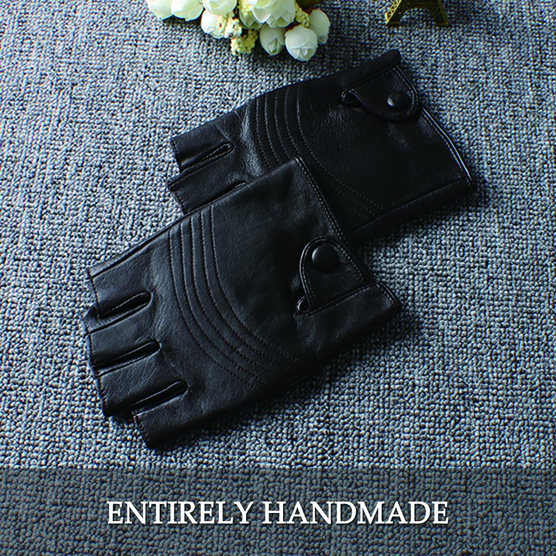 Nappaglo Men's Fingerless Leather Gloves Italian Lambskin Half Finger Driving Cycling Riding Outdoor Thin Gloves