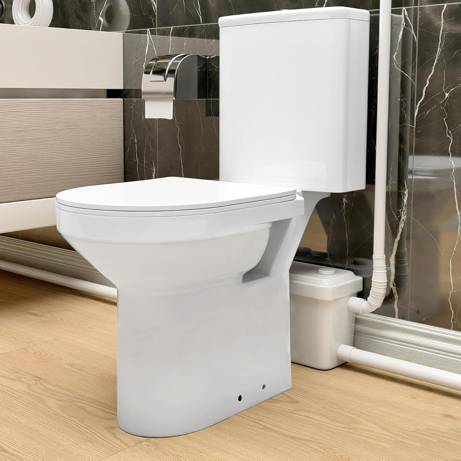 WinZo Macerator Pump Two Piece Toilet Upflush System for Basement Extra Tall 19" Comfort Bowl With Dual Flush Toilet Tank & Pump for Sink, Toilet, Bathtub, White (750W Macerating Toilet)