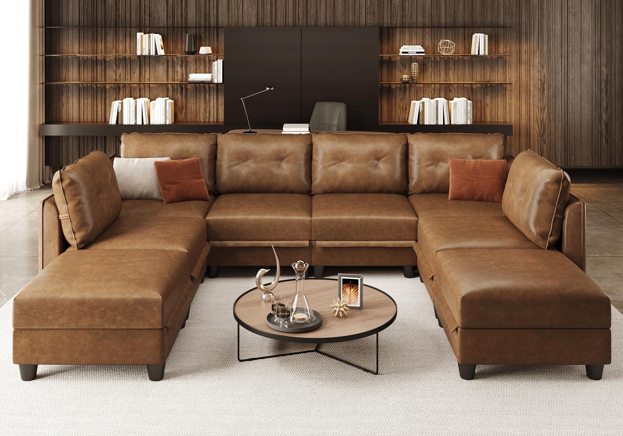 (similar incomplete)LLappuil Modular Sectional Sofa with Storage, Modern Brown Faux Leather, Reversible Chaise, U Shaped Couch for Living Room, Waterproof & Easy Clean, 6 Seats with 2 Ottomans