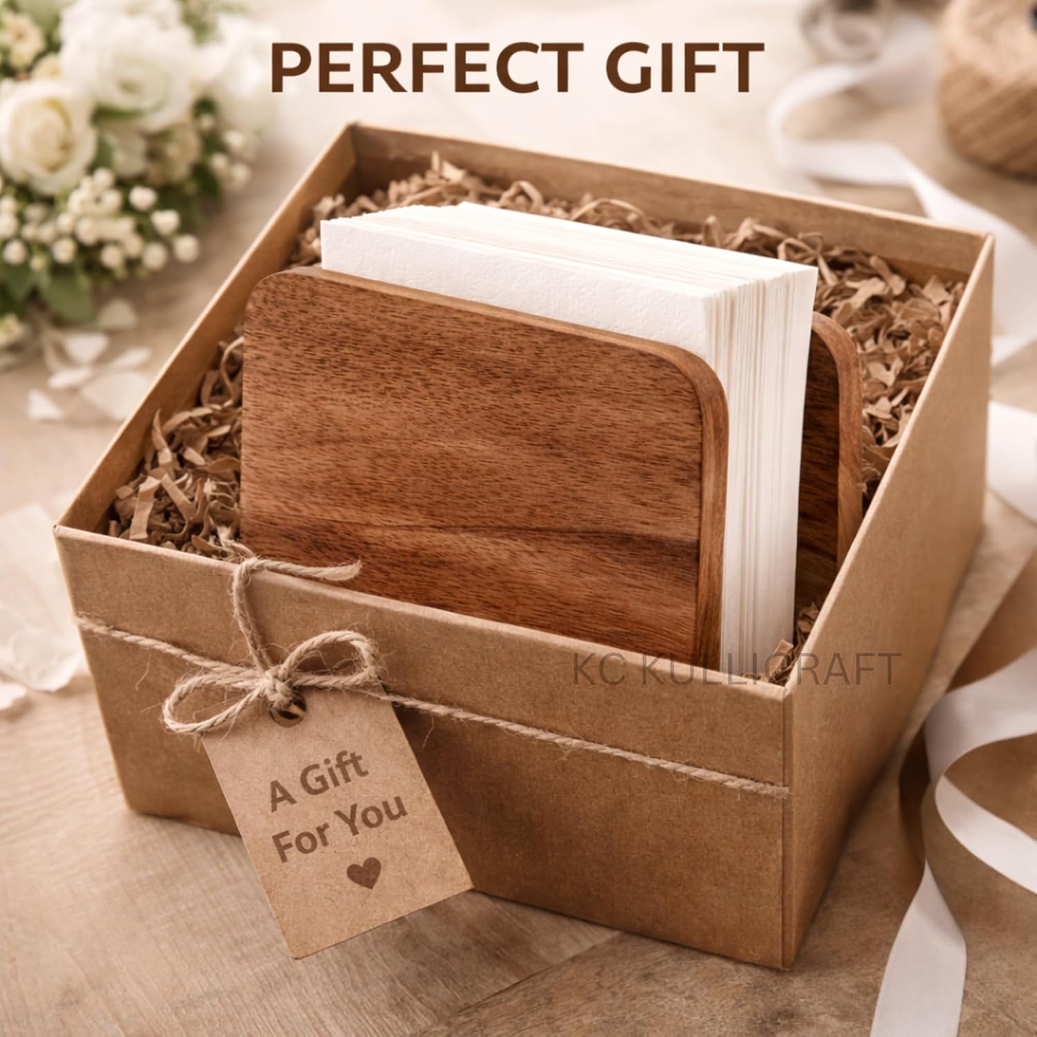 Mango Wood Burning Finish Napkin Holder, 5.5"x2.5"x4"