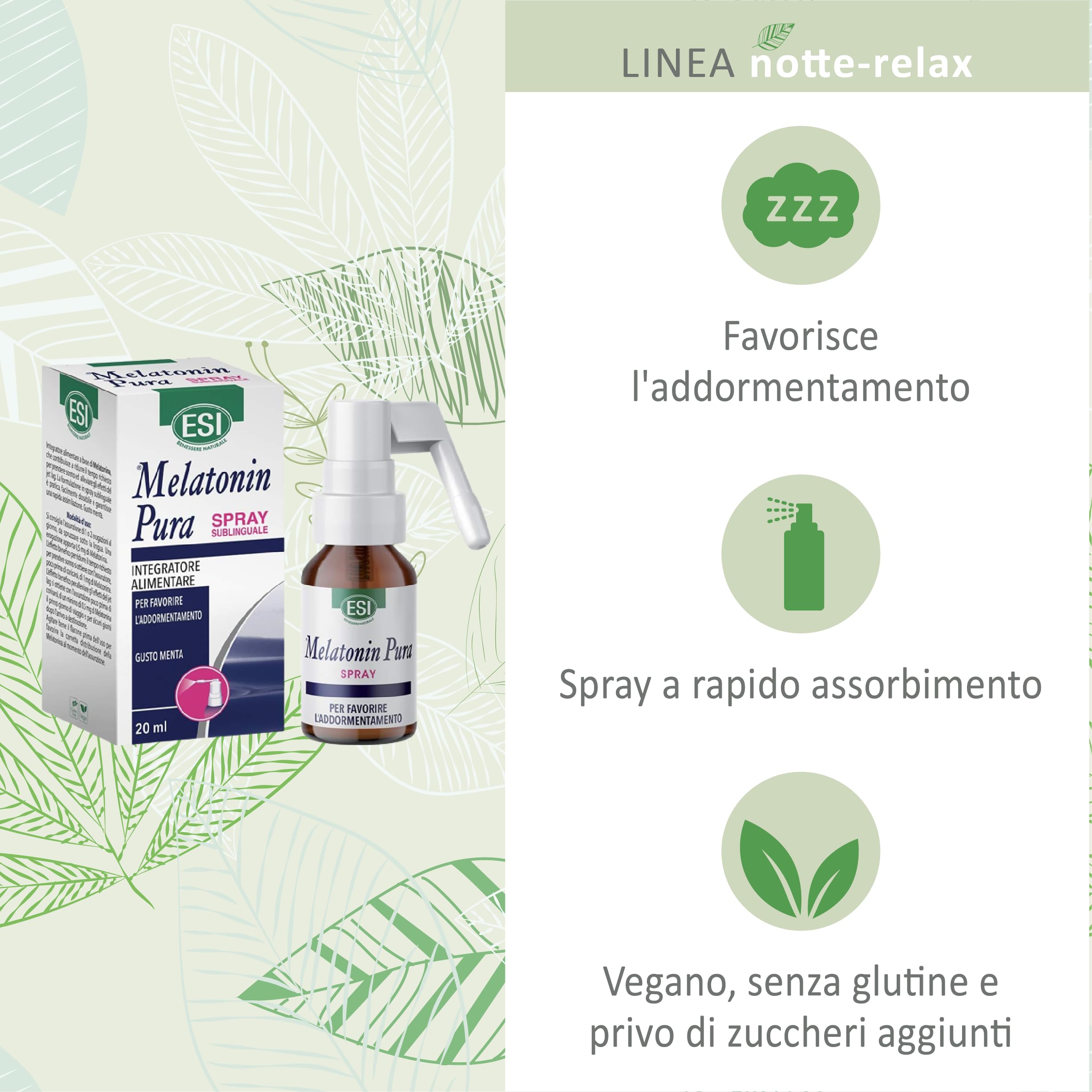 ESI - Melatonin Pura, Integratore Alimentare di Melatonina Spray, Senza Glutine, Senza Zuccheri e Vegan, Favorisce il Sonno e Contrasta Stress ed Effetti del Jet Lag, 20 ml
