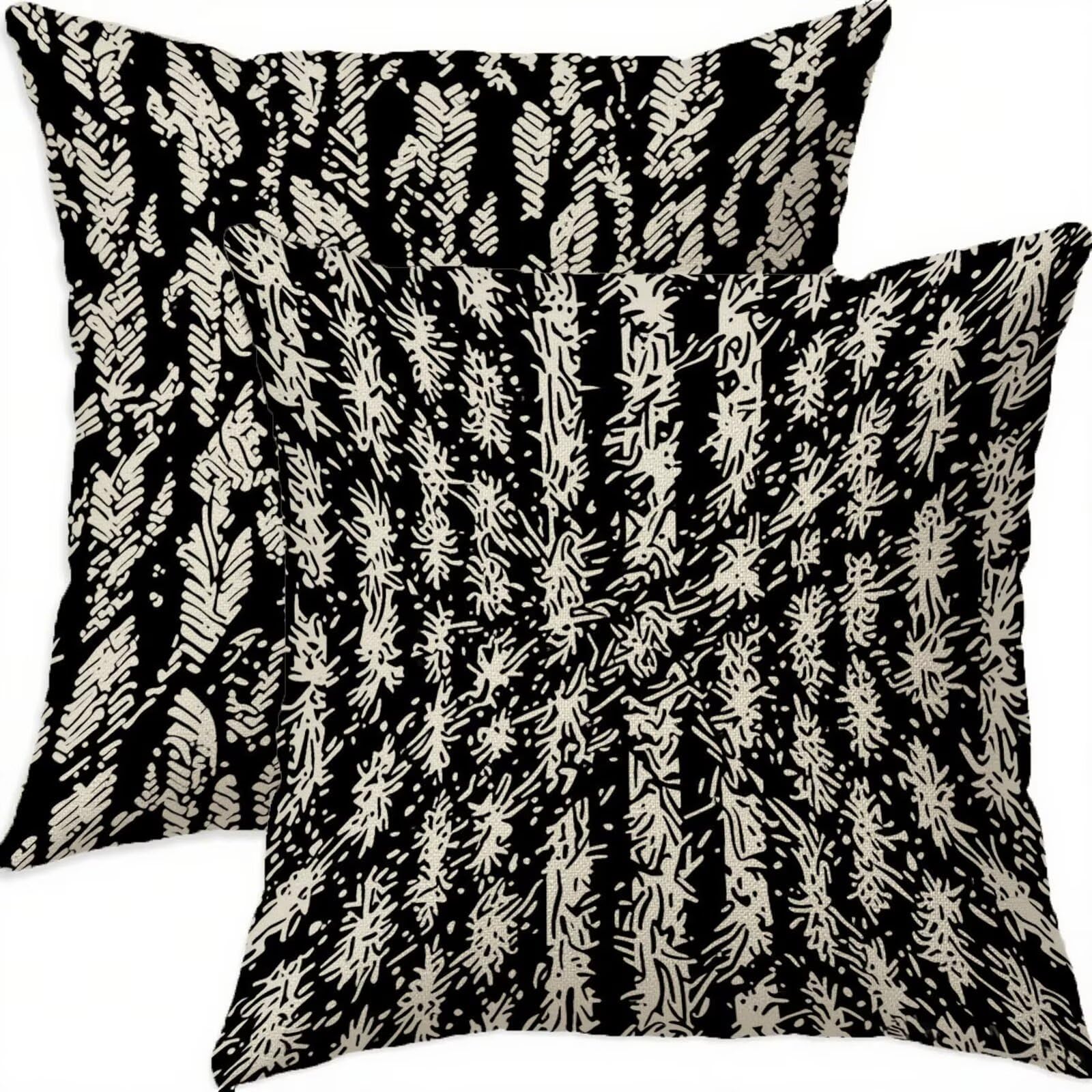 Housse coussin 70x70cm lot de 2 en lin noir géométrique imperméable avec zip invisible