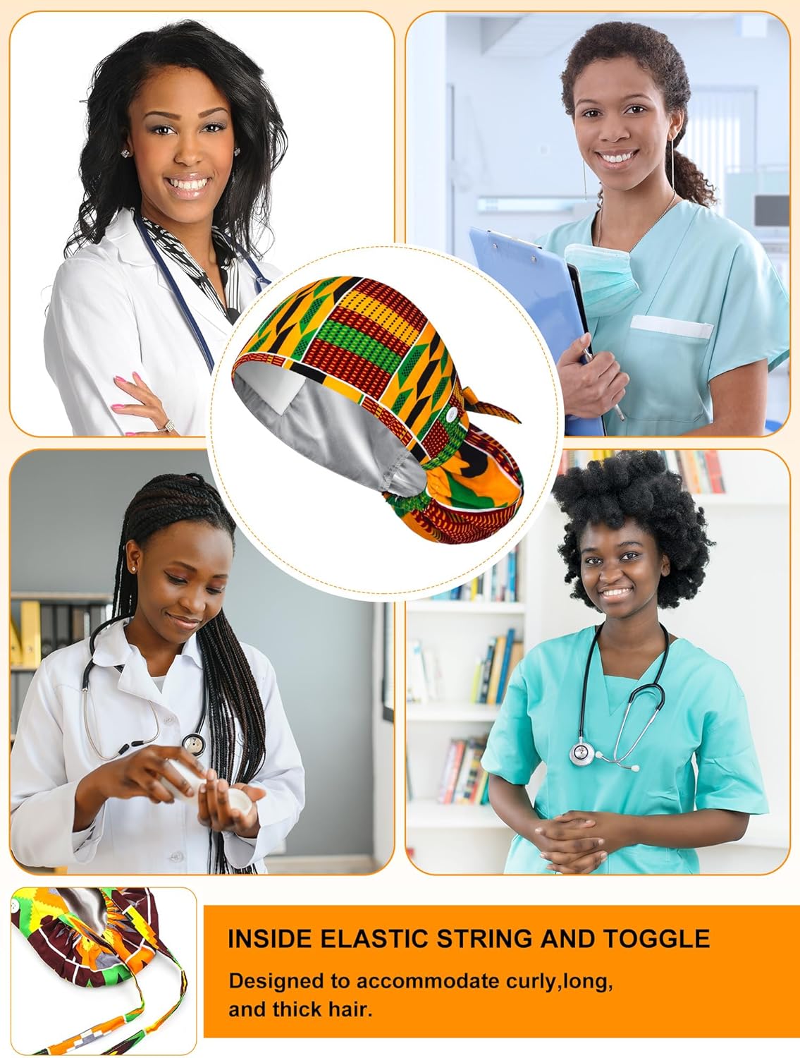 6 Pcs Satin Lined Scrub Caps Women Nurse Surgical Hat with Buttons Ponytail Working Adjustable Shower Caps Tie Back - Image 6