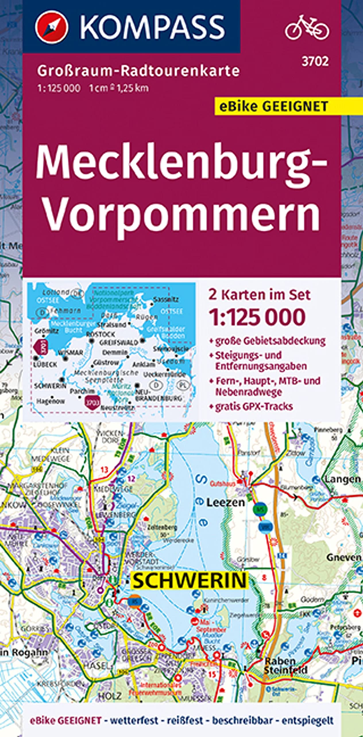 KOMPASS Großraum-Radtourenkarte 3702 Mecklenburg-Vorpommern 1:125.000: 2 Karten im Set, reiß- und wetterfest, GPX-Daten zum Download (KOMPASS Großraum Fahrradkarte, Band 3702)