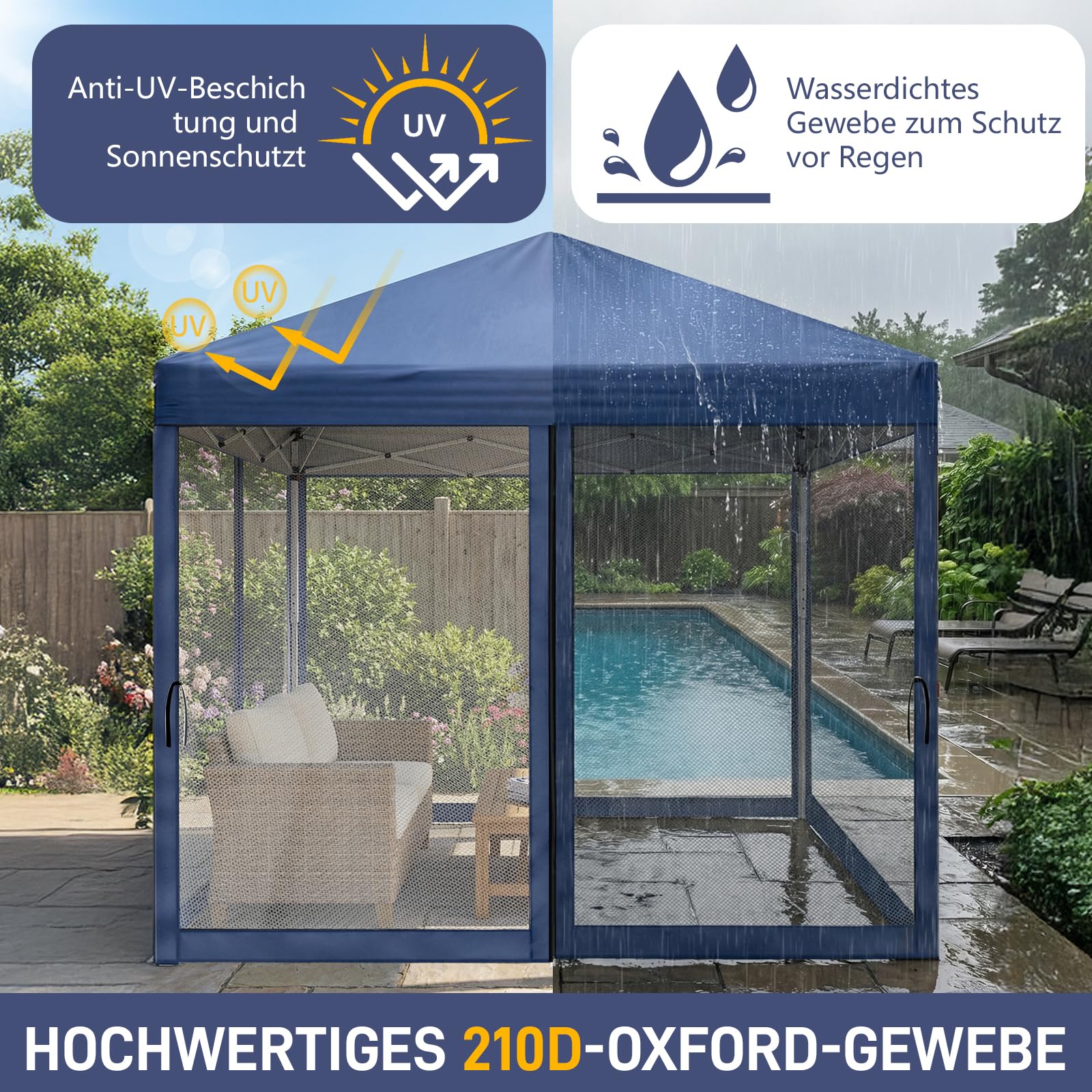 LEADZM Gazebo 3x3m, Pieghevole, Impermeabile, Protezione UV 50+, Regolabile in Altezza con 4 Zanzariere, Stabile, Ideale per Giardino, Terrazza, Campeggio e Uso Commerciale,Blu
