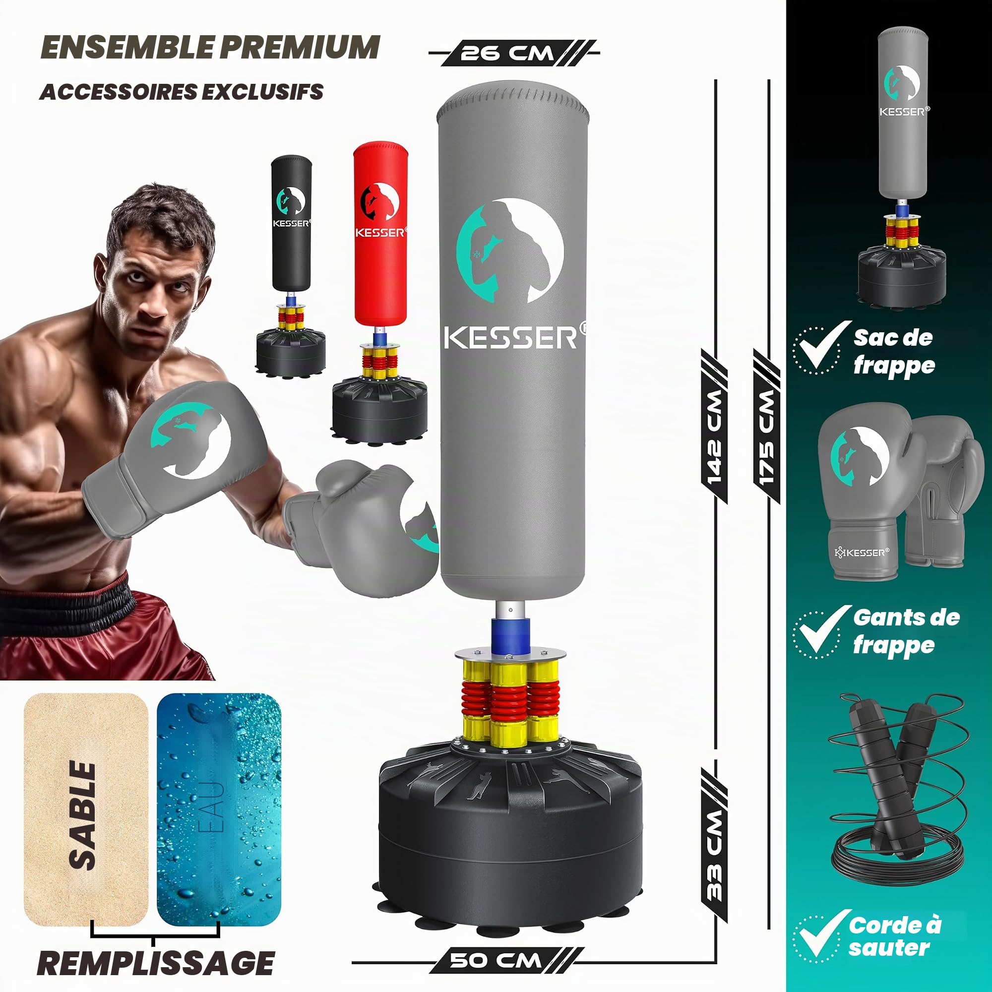 KESSER® Sac de Frappe Debout pour Adulte avec Gants de Boxe + Corde à Sauter, Sac de Frappe sur Pied, Sac de Frappe sur Pied, MMA Boxpartner Boxpartner Boxing Trainer Fitness Sac de Frappe avec