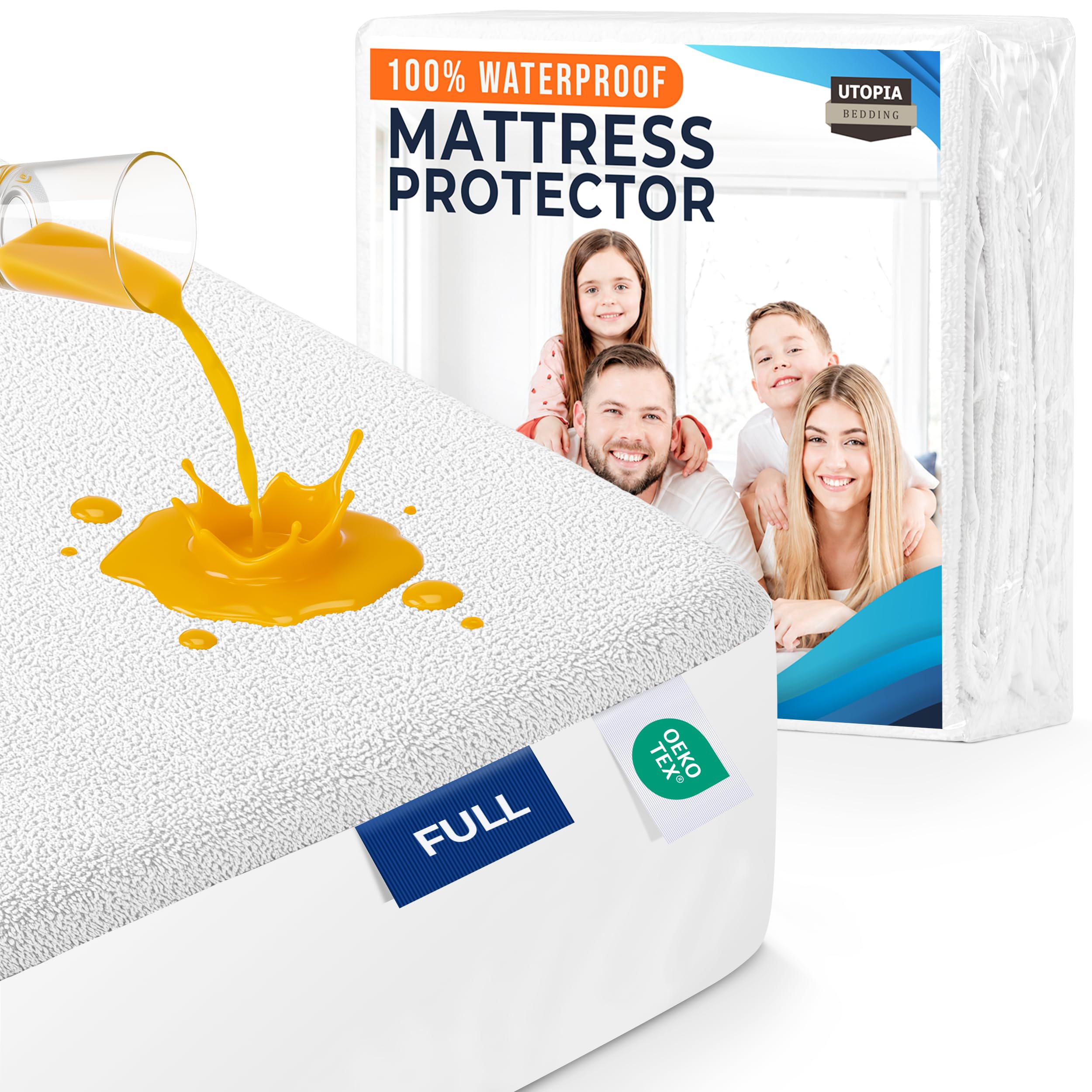 Full Size Mattress Protector Waterproof, Premium 200 GSM Terry Mattress Cover, Soft & Breathable Bed Cover, Fitted Sheet Style Stretchable Deep Pockets 15" by Utopia Bedding (White)