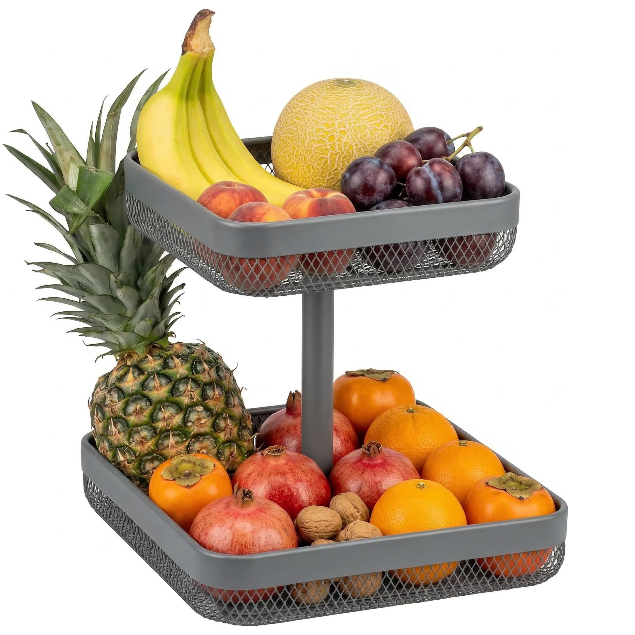 eluno 2-stöckige eckige Obstetagere/Brotkorb, Etagere, Obstschale, Obstkorb aus Metall, viel Platz für die übersichtliche Lagerung von Obst, Gemüse, Brot und Snacks in Küche und Wohnzimmer (Grau) Küche, Haushalt & Wohnen