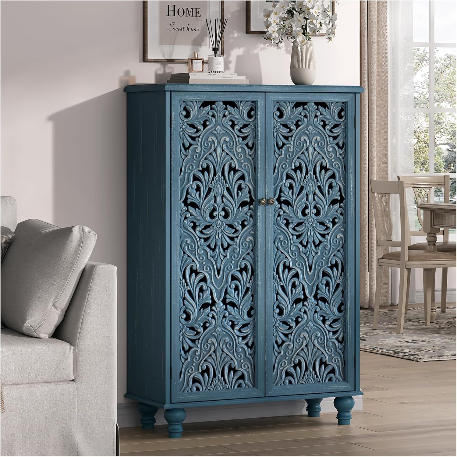 Buffet Sideboard Cabinet with Hand-Carved Doors, 47" Tall Accent Cabinet for Dining Room, Vintage Wood Storage Cabinet with Shelves, Slim Floor Cupboard for Kitchen & Entryway,Blue