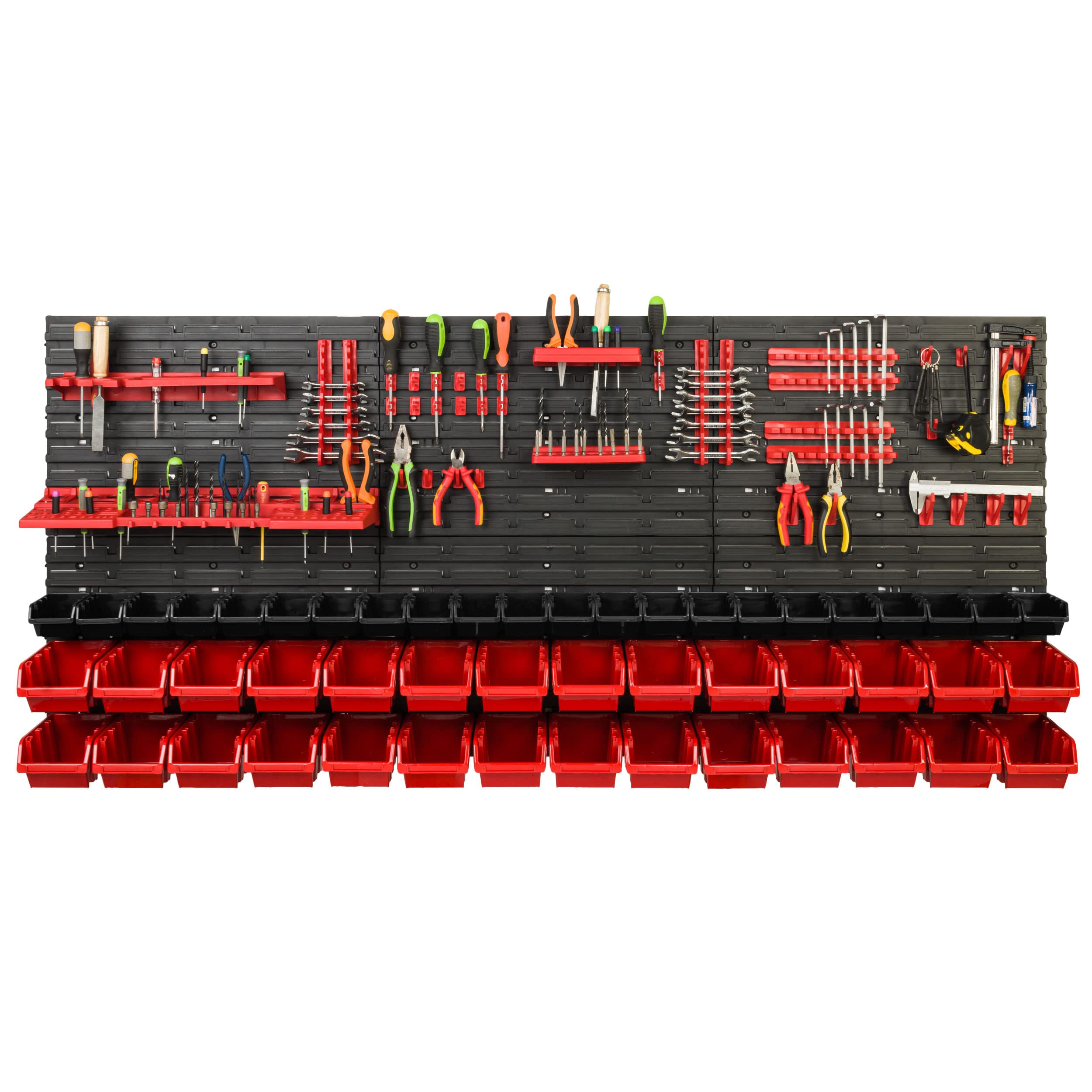 Scaffale da officina, 172 x 78 cm, 50 pezzi, con supporti per attrezzi e scatole impilabili, pannelli da parete, scaffali extra resistenti, per merci, garage, scaffali da parete