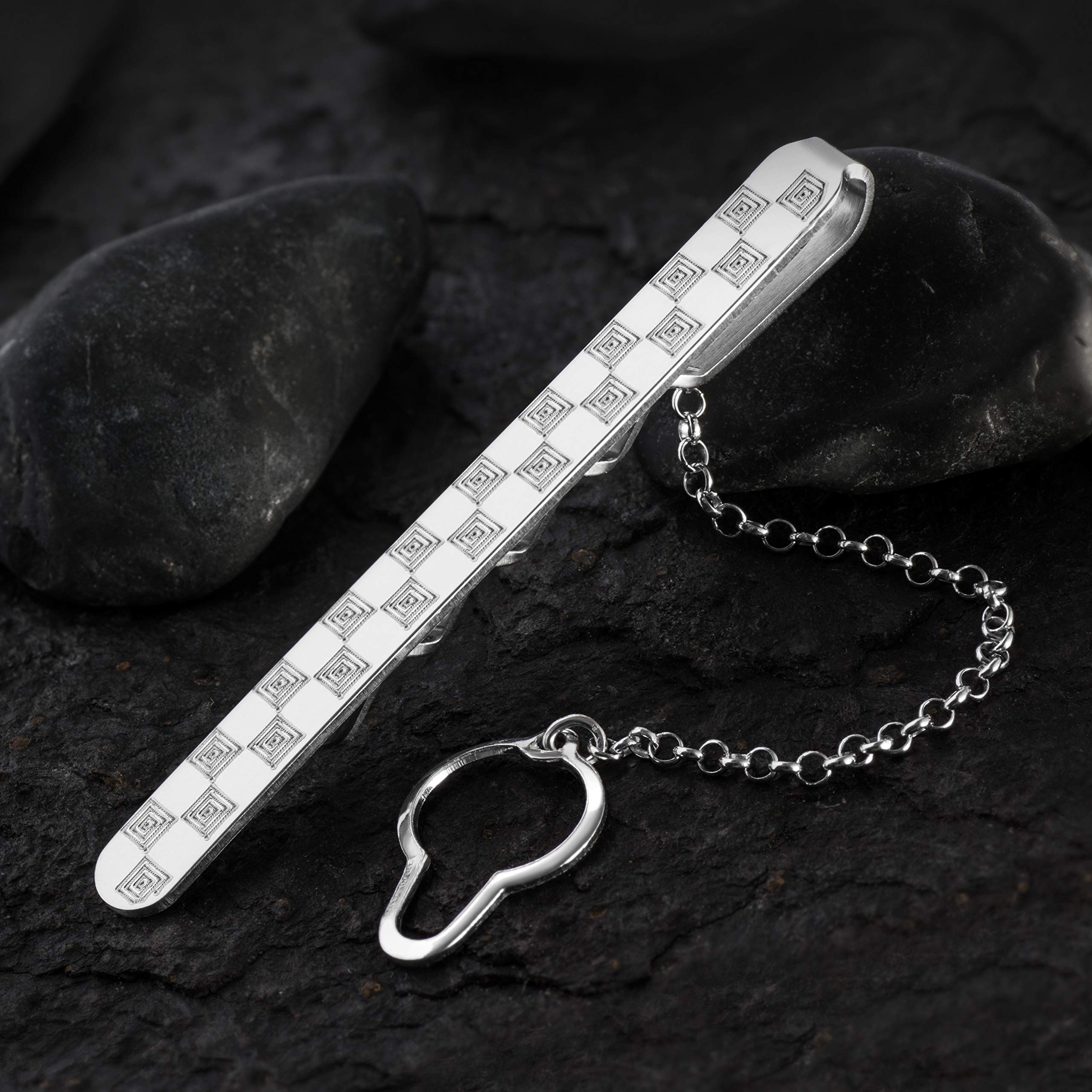 Gemelli Da Polso E Fermacravatta In Argento Sterling Con Sobrio Motivo A Scacchiera Per Uomo