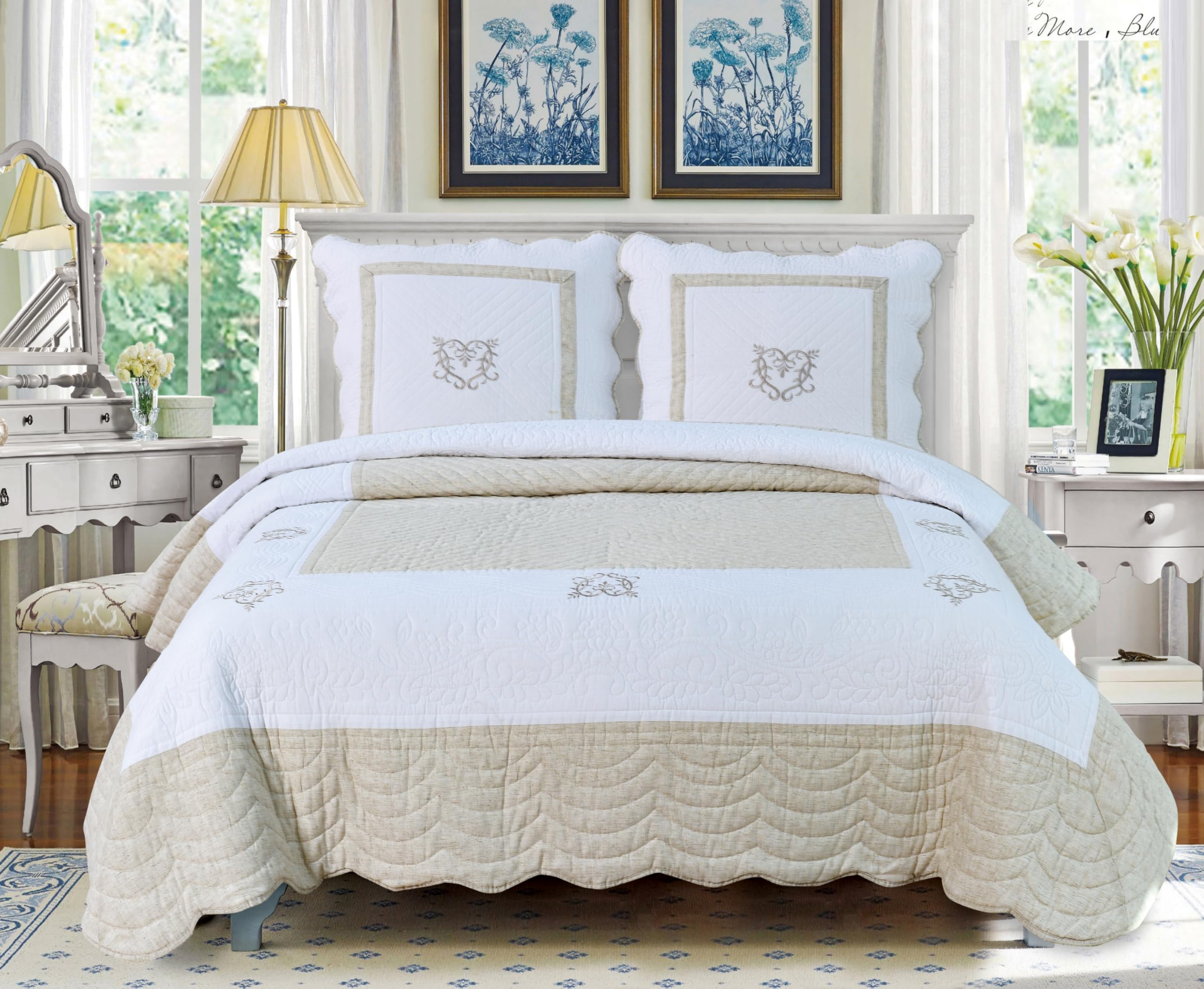 Générique Couvre lit boutis de Luxe 100% Coton 230X250cm avec 2 Taies 65X65cm_Peace Land Lin