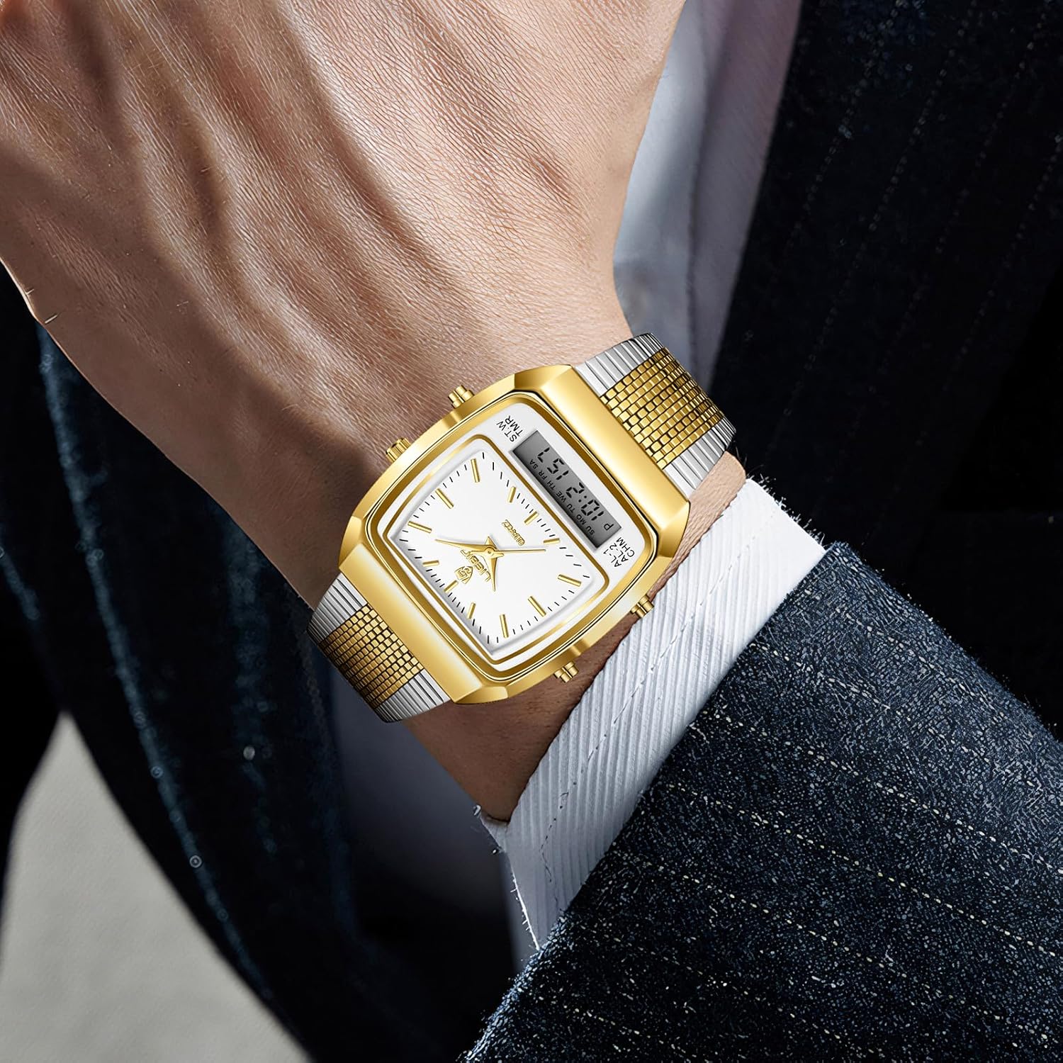 FANMIS Men's Watches Multifunction Square Dual Display Sport Watch for Men Waterproof Stainless Steel Chronograph Fashion Wristwatch, Retro Gold Mesh Band