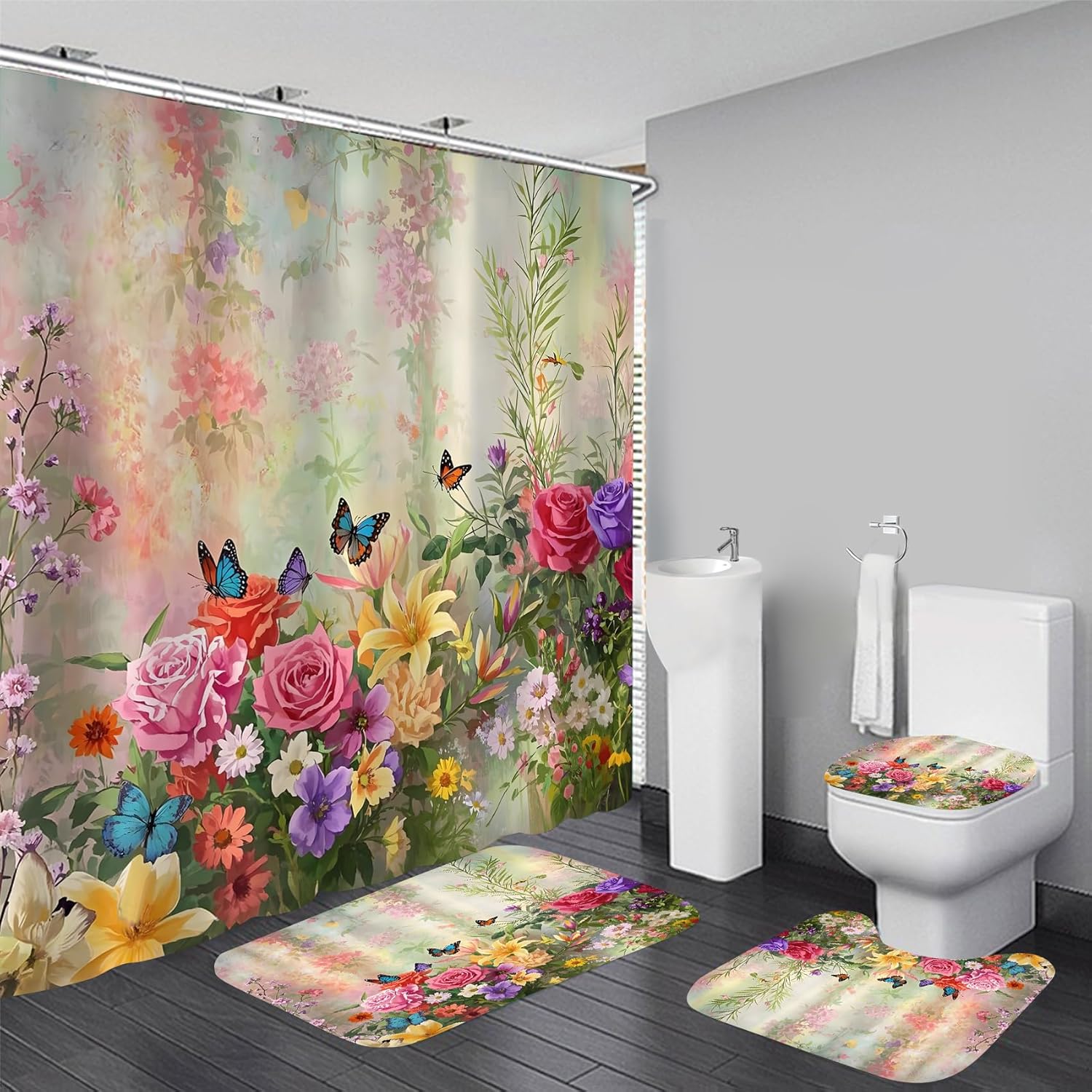 DDQQ 4-Piece Butterfly Floral Shower Curtain Set Botanical Aesthetic Flower Bathroom Set with Shower Curtain and Rugs, Cute Fun Decorative Bath Curtain with Hooks for Home Decor