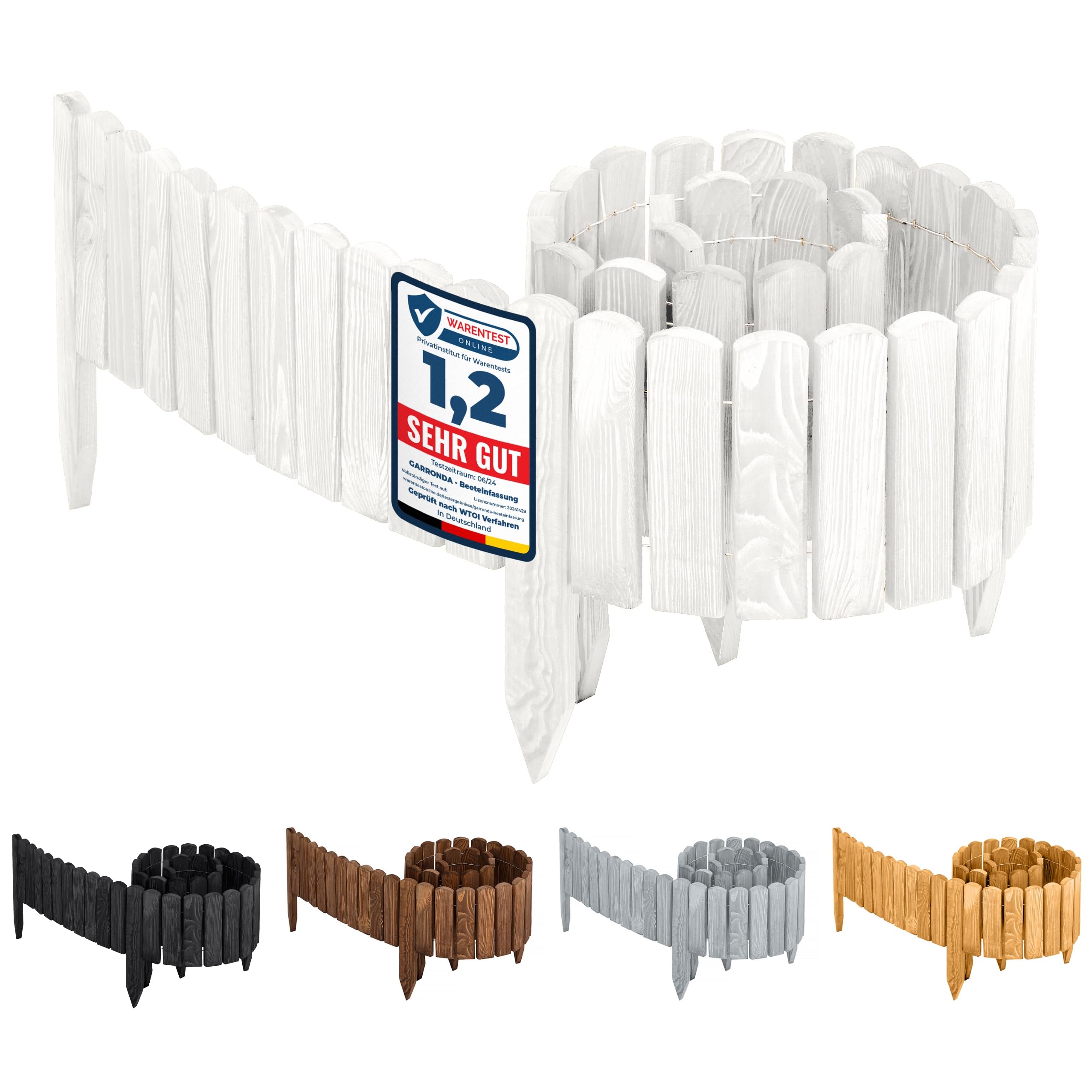 Garronda Rasenkante Beeteinfassung aus Holz flexibel 200 x 40 cm Rollborder für Rasen und Beet Beetumrandung und Beetbegrenzung Gartenzaun zum Stecken Holzzaun GD-0046 (Weiß)