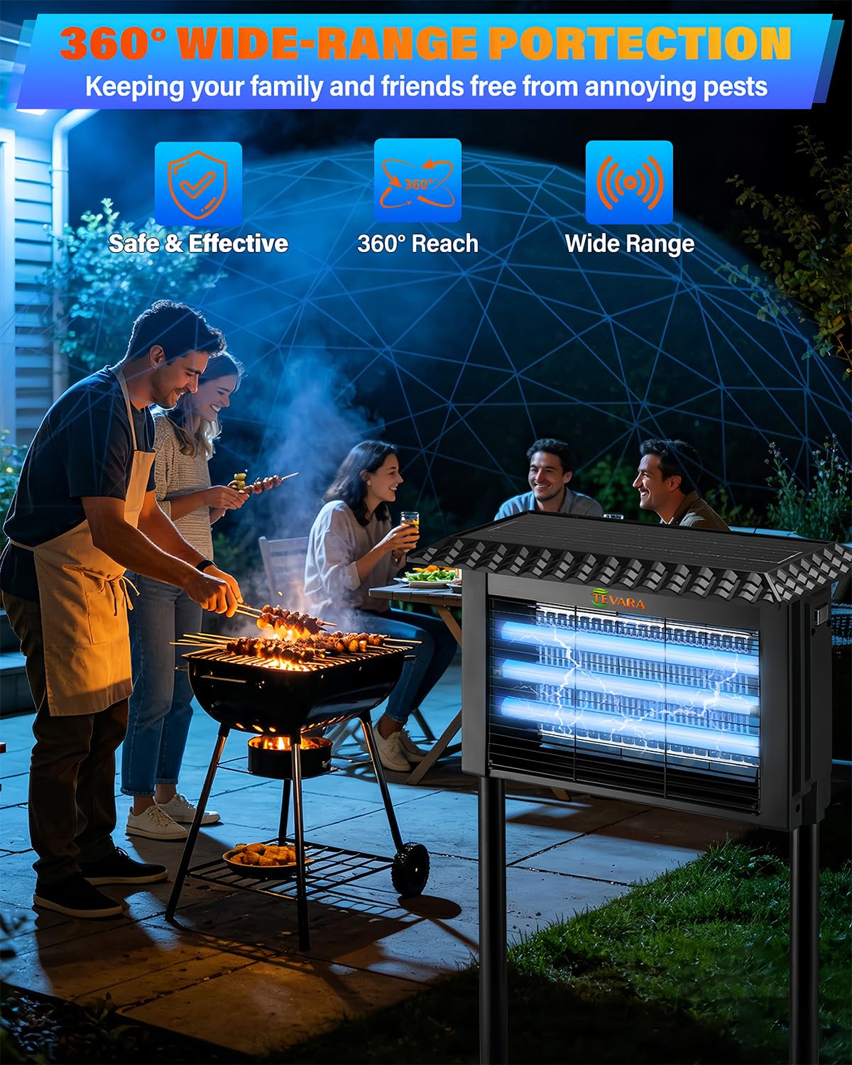 Zapper Solar Bug Zapper Outdoor - Zapper zanzare senza fili da 4500 V con controllo della pioggia, pannello solare da 10 W e sensore di luce intelligente, luci da percorso 2 in 1 e zanzariera per