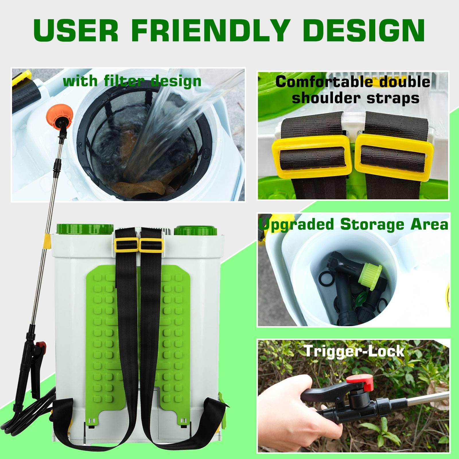 BIRCHTREE Pulverizador eléctrico de mochila de 16 litros, pulverizador de mochila recargable de 12 V con 4 boquillas, pulverizador de jardín inalámbrico para herbicidas y agricultura