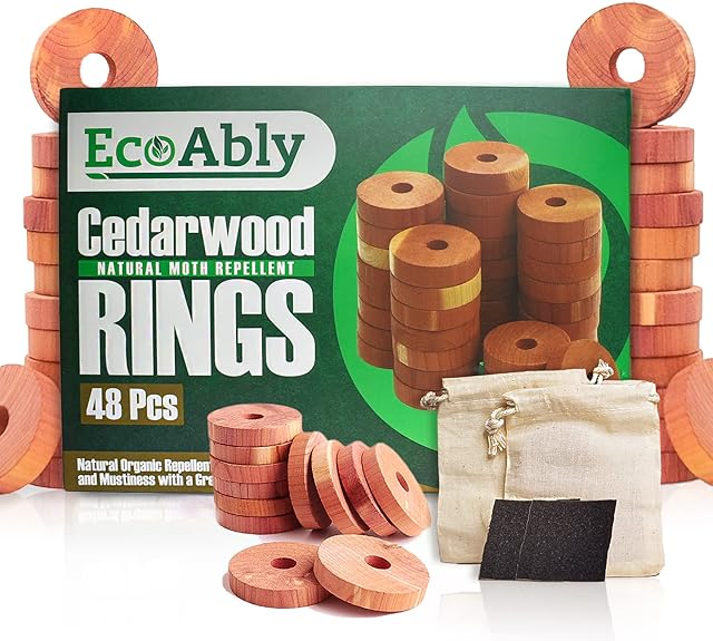 EcoAbly Cedarwood Moth Repellent for Wardrobes 48 Pc, 100% Natural & Ecofriendly Anti Moth Products Wardrobe with 2x1in Sandpapers & 2x Cotton Bags, Alternate to Moth Killer for Wardrobe & Cedar Balls
