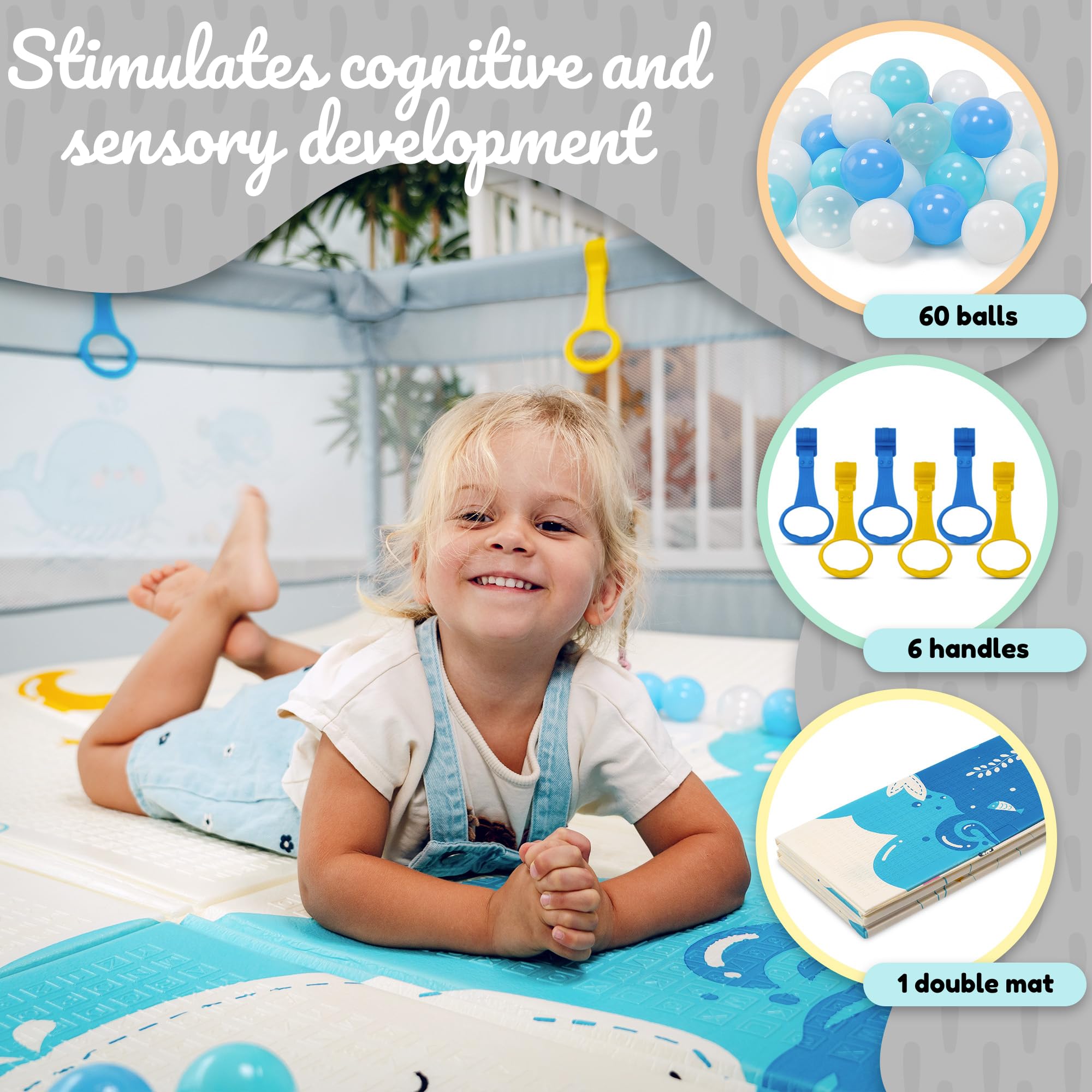 Parque Infantil Bebe 150x180cm + Alfombra Bebe + 60 Bolas + Agarraderas + Bolsas de Transporte – Corralito Bebe con Malla Transpirable – Parque de Juegos Bebe – Playpen Bebe (150x180 cm)