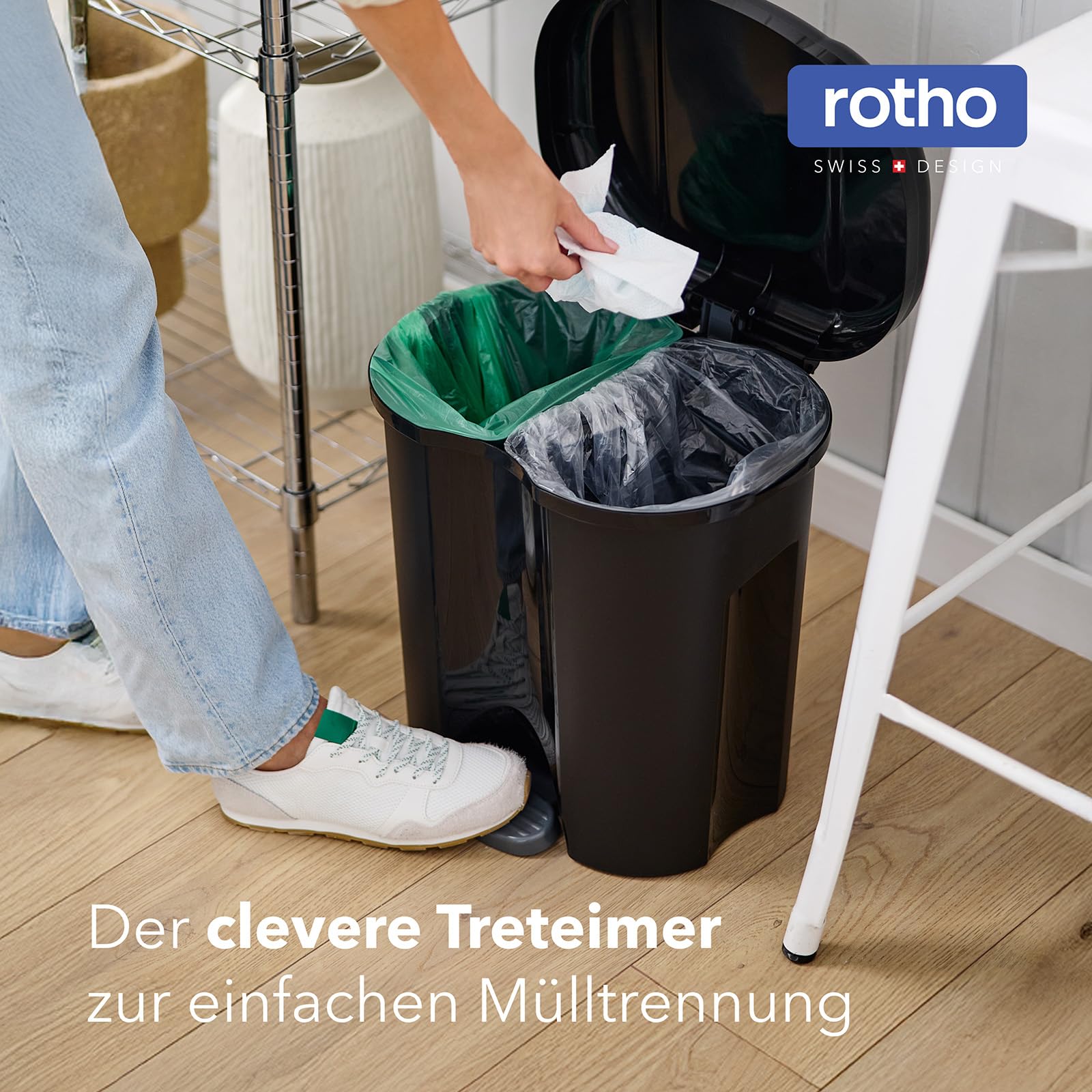Rotho Duo Portarifiuti per la Raccolta Differenziata con Coperchio e Pedale, Plastica (PP) senza BPA, Nero, 2 x 10 L, 39.0 x 32.0 x 40.5 cm