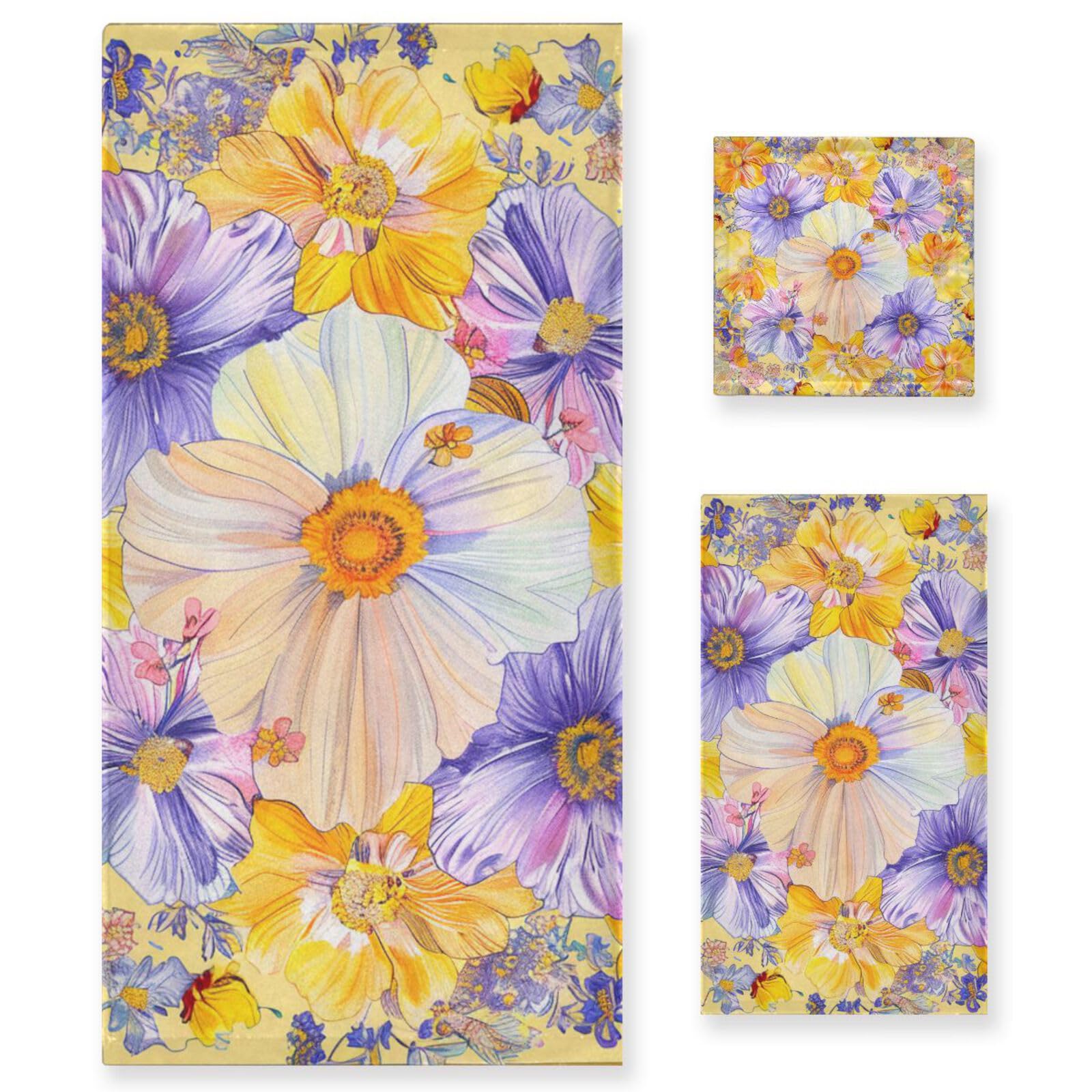 Set di 3 asciugamani morbidi per il viso in stile bohémien, con fiori e fiori gialli luminosi, 1 asciugamano da bagno, 1 asciugamano da bagno, 1 asciugamano, 1 asciugamano, per casa, cucina e famiglia