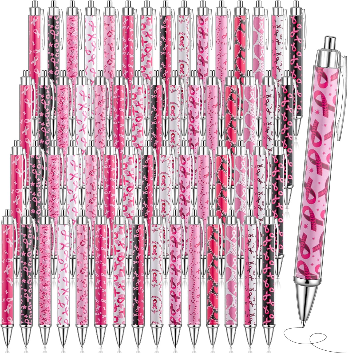 AmazingSpark 60 Pcs Breast Cancer Awareness Pens Ribbon Ballpoint Pens Breast Cancer Awareness Accessories for Women Presents Public Events Charity Supplies(15 Styles)