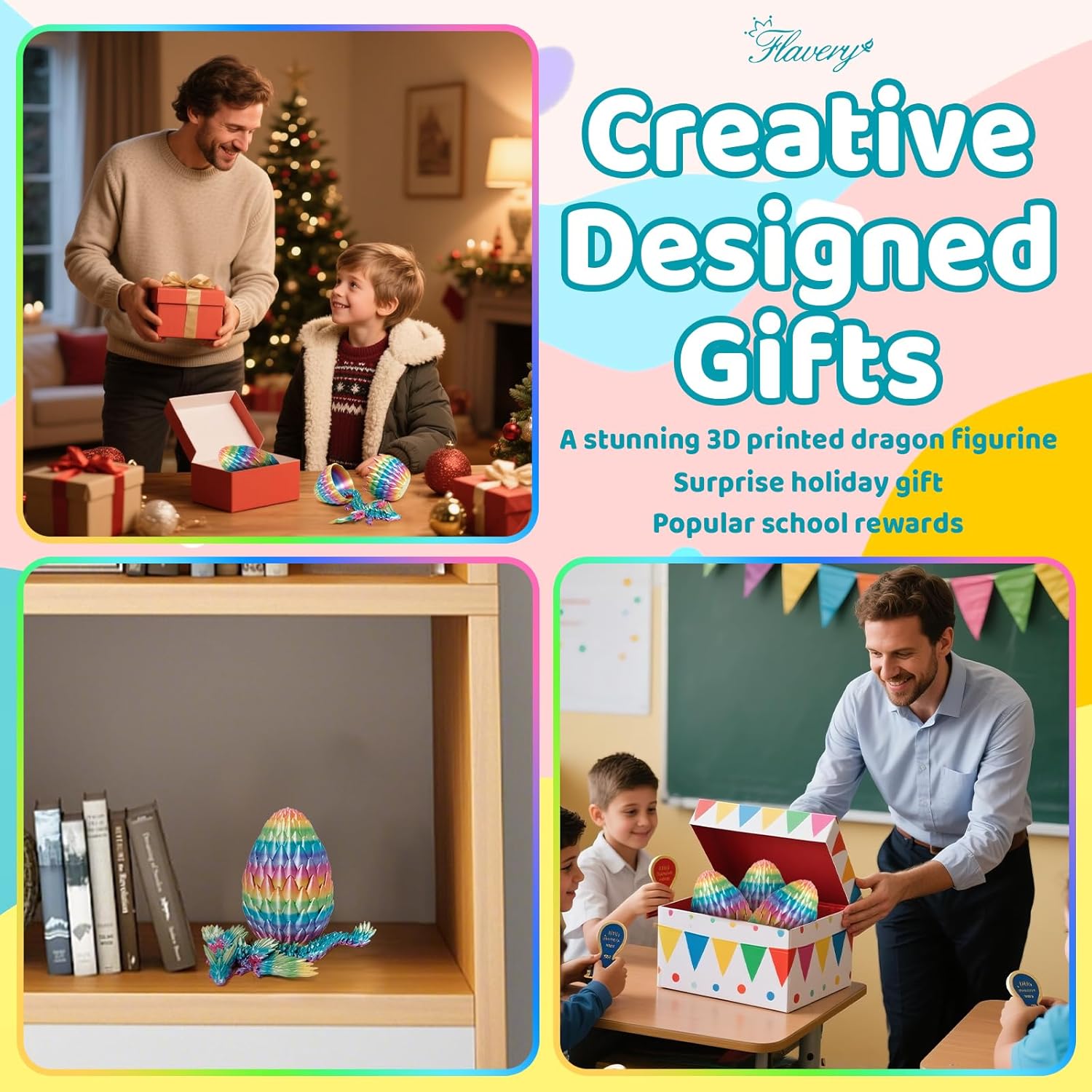 3D Printed Dragon Egg, Easter Basket Stuffers, Large 9" Flying Dragon in Eggs, Cool Fidget Toy for Birthday Gift, Flexible Figure Decor, Mystery Desk Pet for Christmas, Graduation(Rainbow) - Image 6