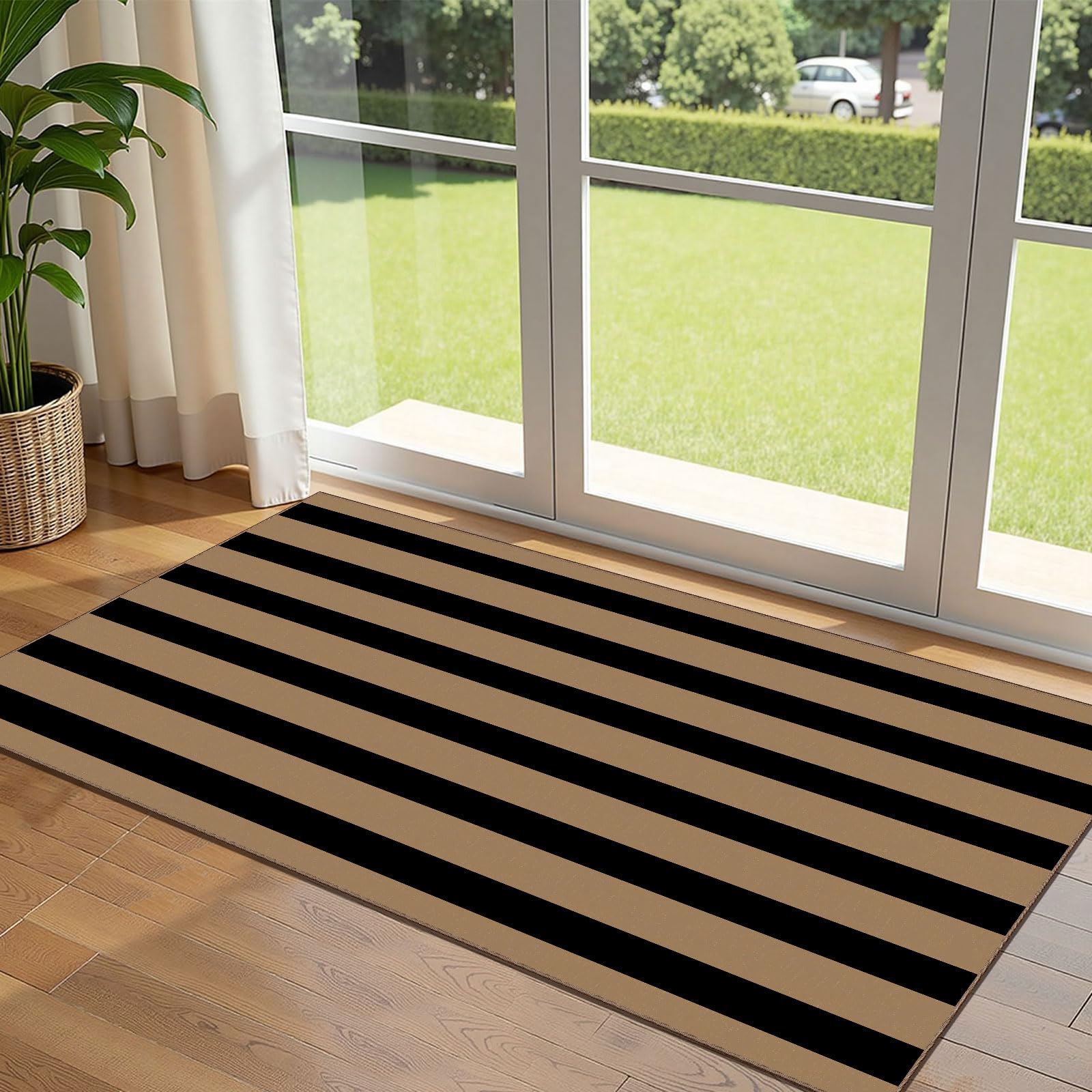 Othilic Front Door Mat Indoor Entrance - 2x4.3 Ft Black Tan Striped Washable Doormat Outdoor Entrance Porch Rug Non-Slip Layered Runner Rug for Kitchen Hallway Bedroom Laundry Room Porch Decor